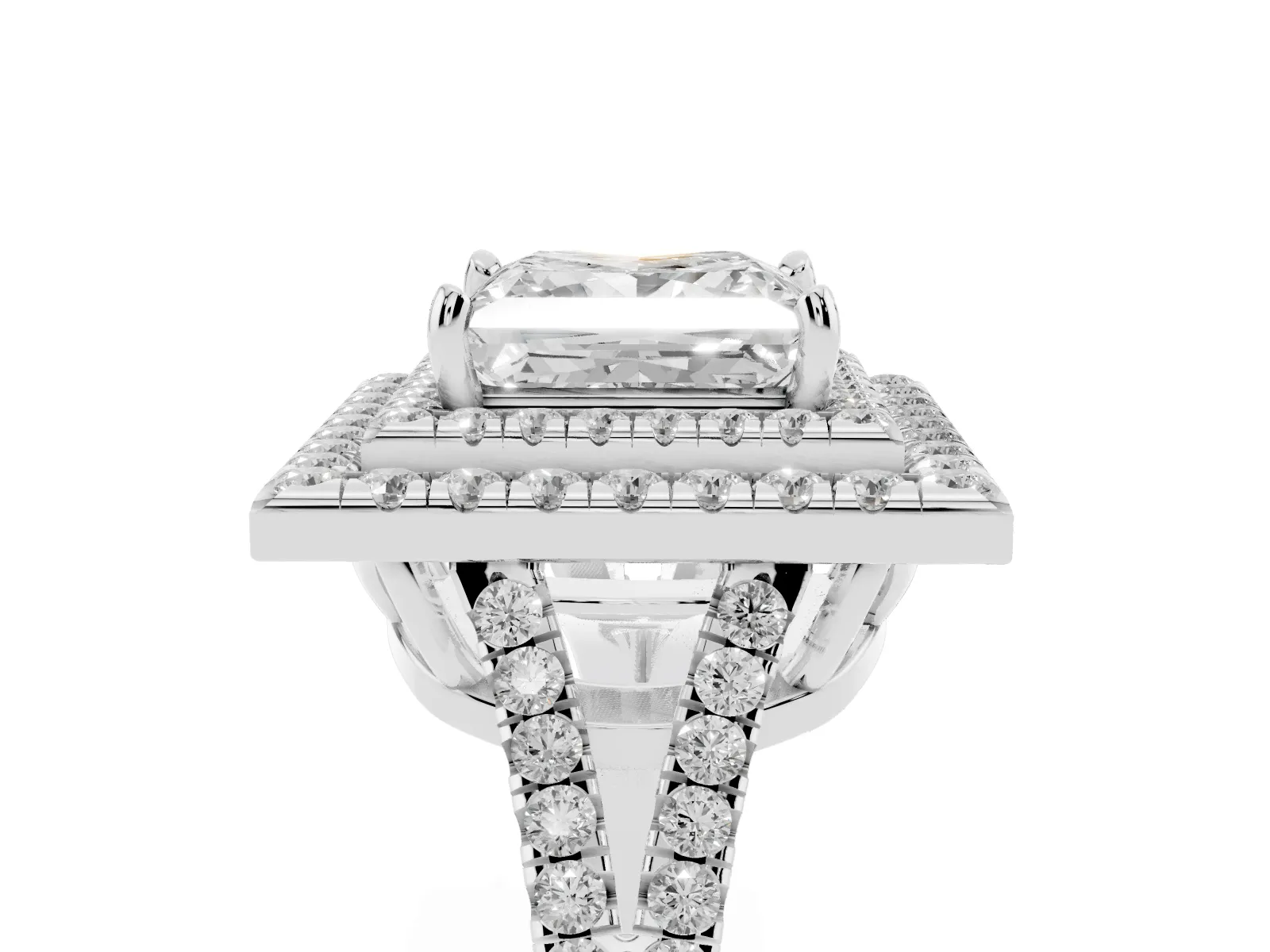 Princess Cut Diamond Double Halo Ring with Pavé Band and Prong Setting Platinum