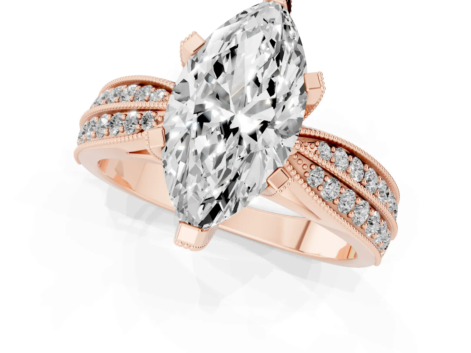 Marquise Cut Diamond Solitaire Ring with Milgrain Round Pavé Band and Prong Setting Rose gold