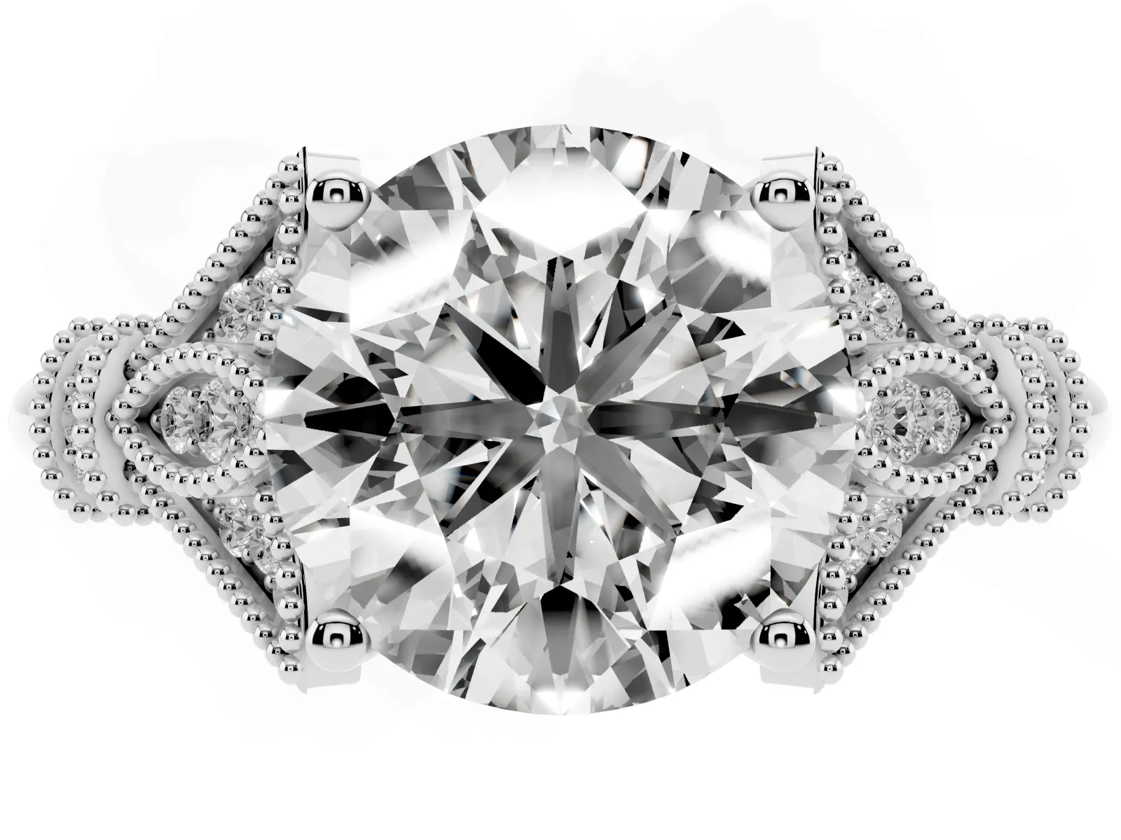 Round Cut Diamond Solitaire Ring with Floral Filigree and Pave Accents Platinum