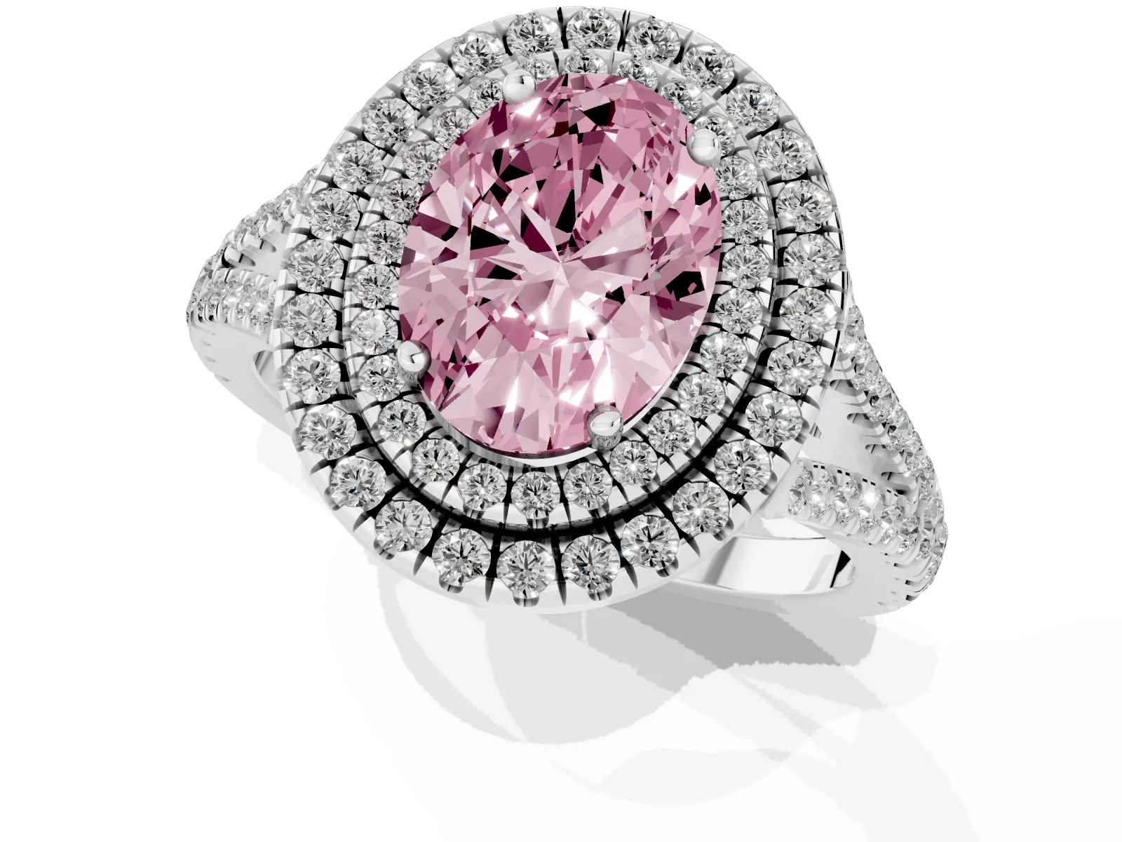 Fancy Pink Oval Cut Diamond Double Halo Ring with Pavé Band and Prong Setting Platinum