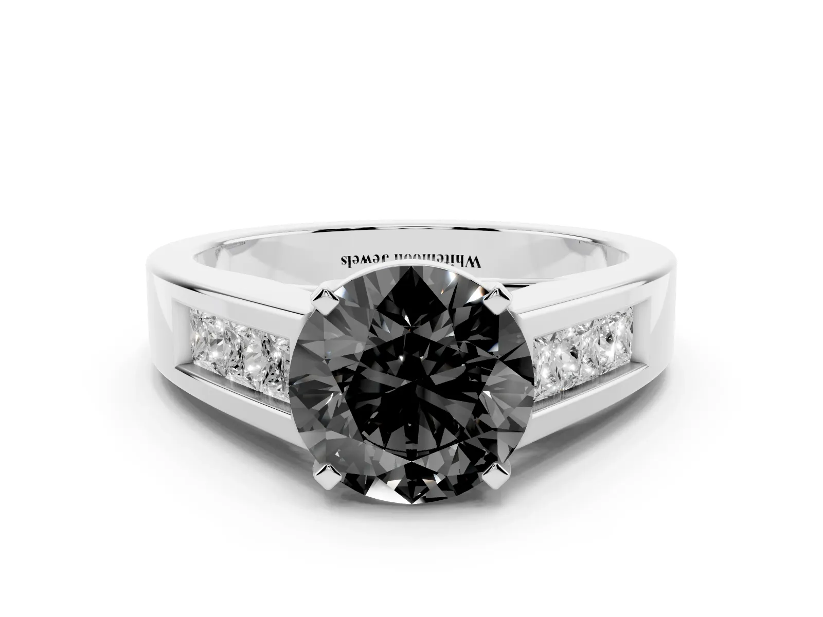 Fancy Black Round Cut Cut Channel Set Solitaire Ring with Four-Prong Setting Platinum