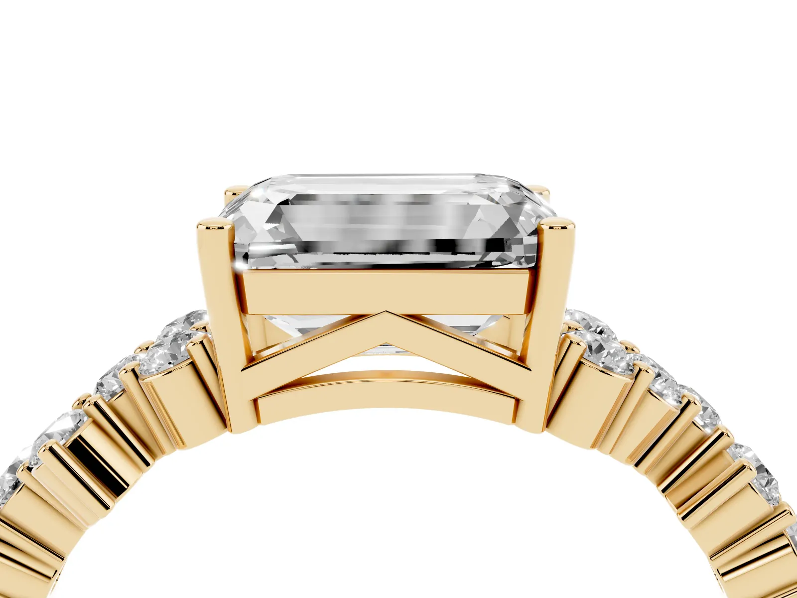 Emerald Cut Diamond Scattered Round Accent Ring with Prong Setting Yellow gold