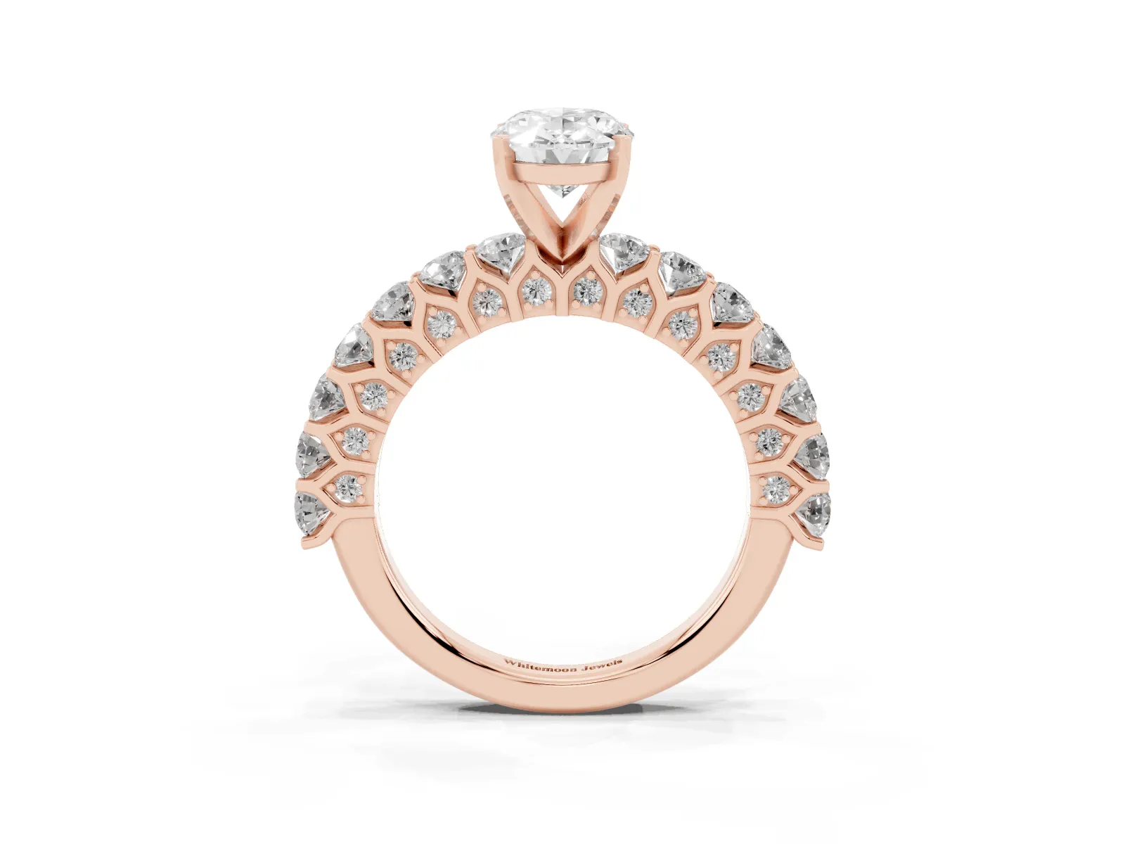 Oval Cut Diamond Solitaire Ring with Shared Prong Pavé Band and Four-Prong Setting Rose gold