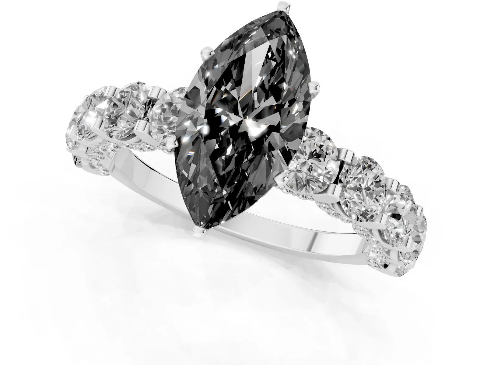Fancy Black Marquise Cut Diamond Side Stone Engagement Ring with Four-Prong Setting Platinum