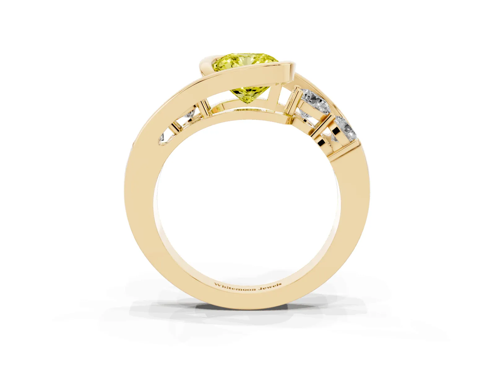 Fancy Yellow Bezel Set Cushion Cut Diamond Bypass Ring with Round Accents Yellow gold