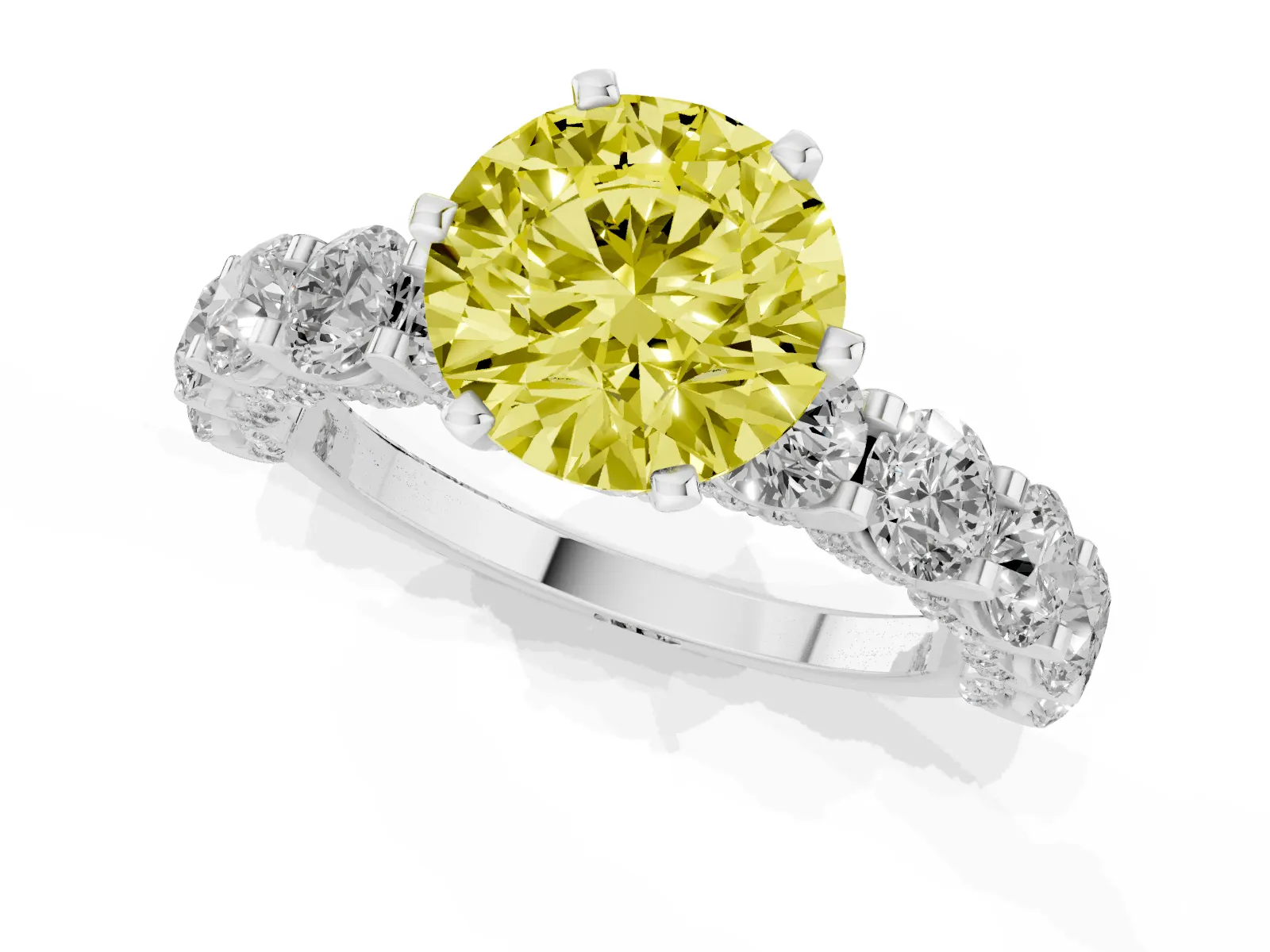 Fancy Yellow Round Cut Diamond Side Stone Engagement Ring with Four-Prong Setting White gold