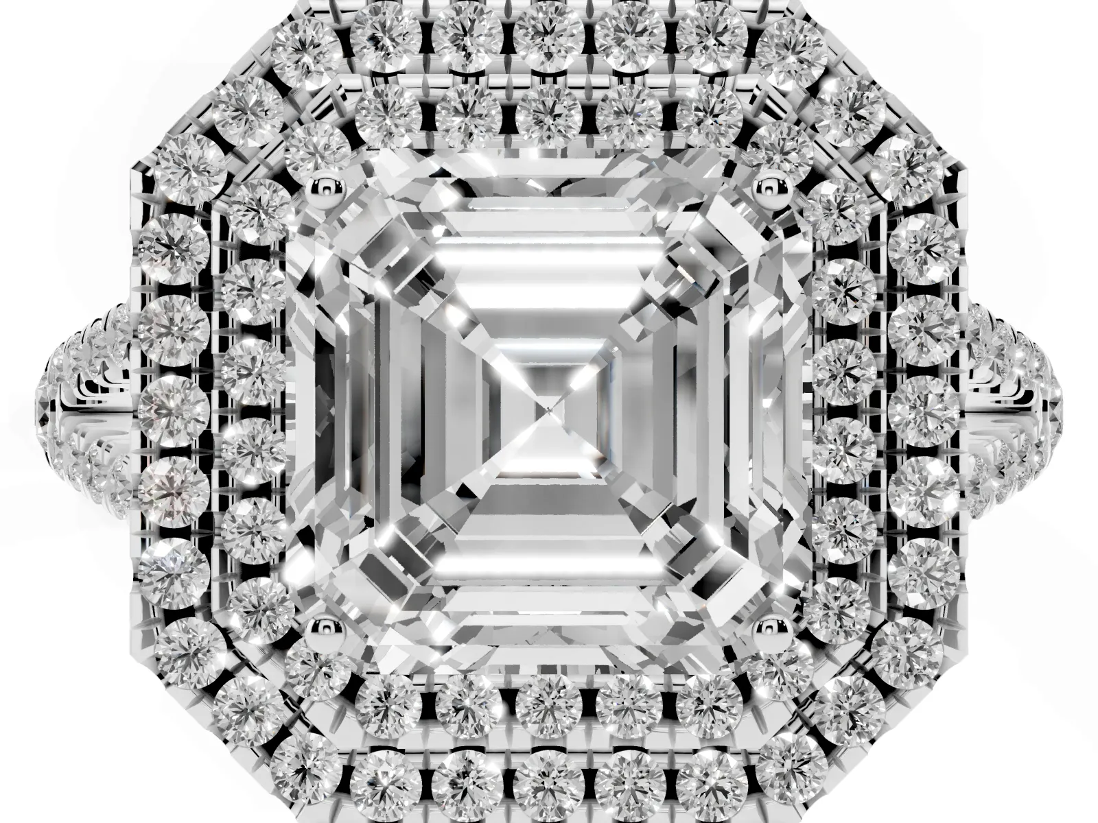 Asscher Cut Diamond Double Halo Ring with Pavé Band and Prong Setting Platinum