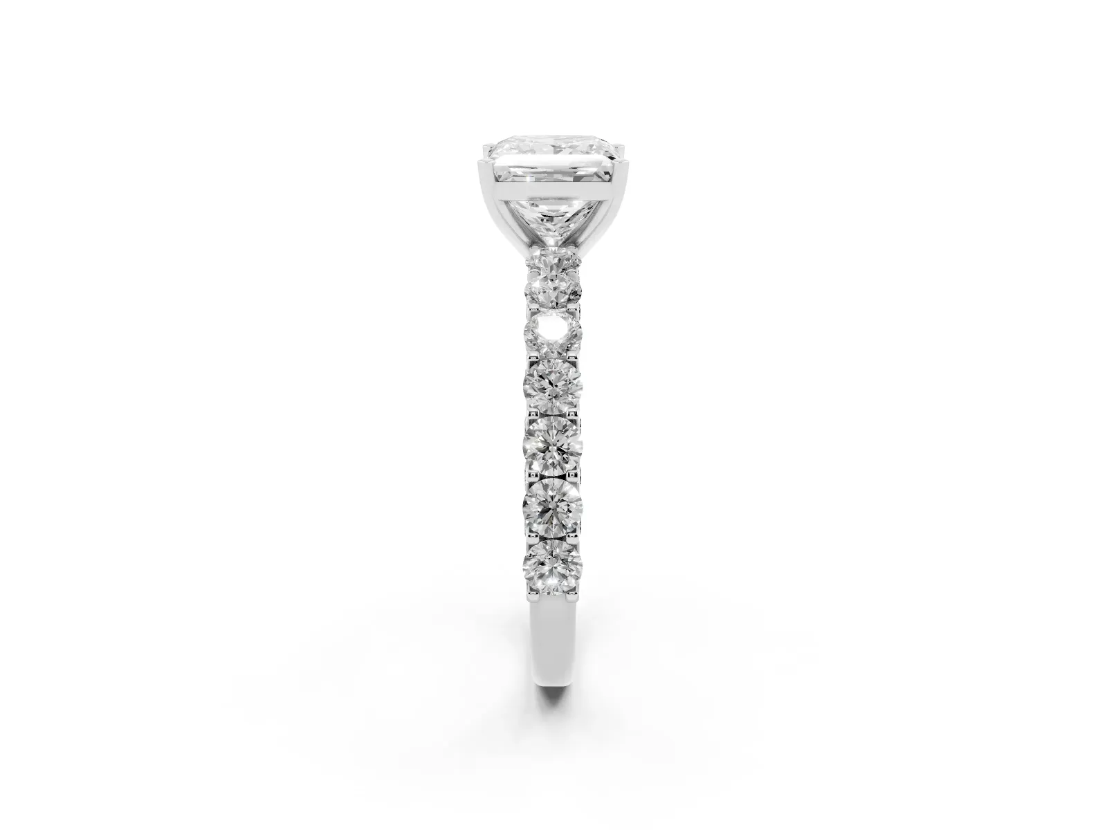Princess Cut Diamond Solitaire Ring with Shared Prong Pavé Band and Four-Prong Setting White gold