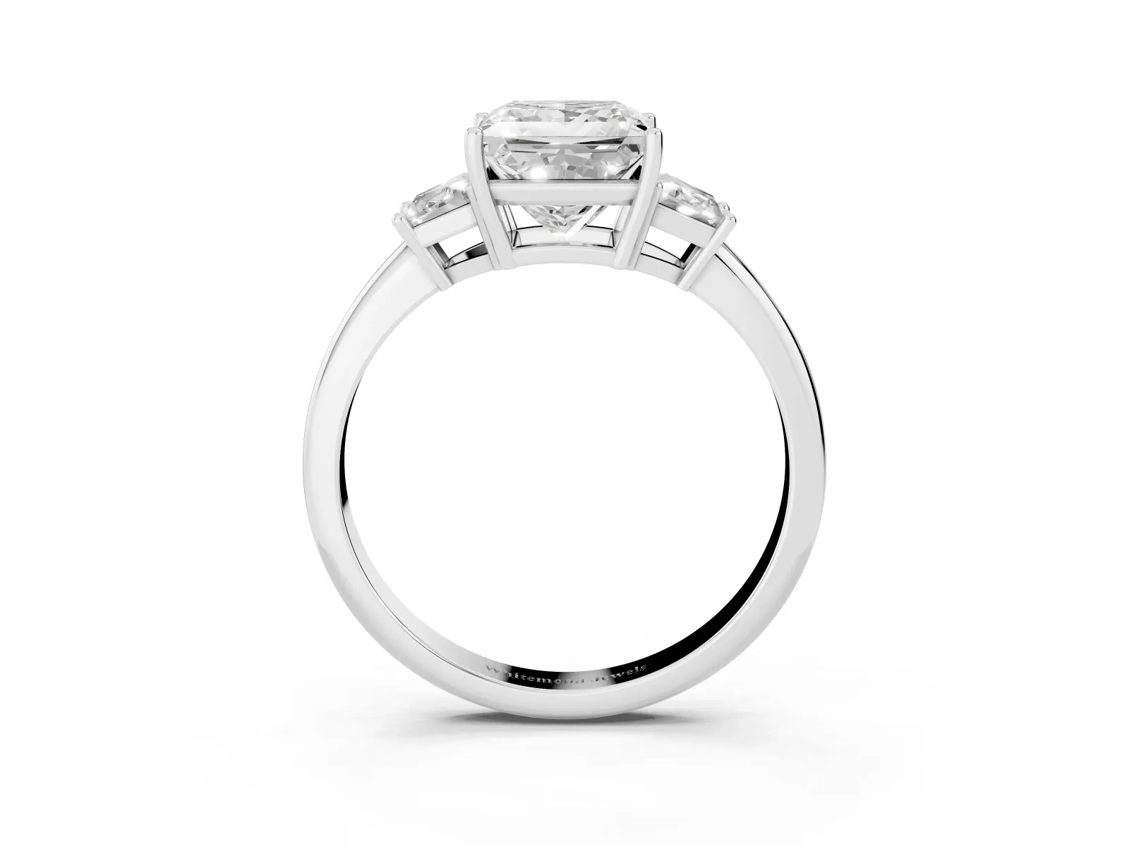 Princess Cut Diamond Three-Stone Ring with Trapezoid Side Stones and Prong Setting Silver