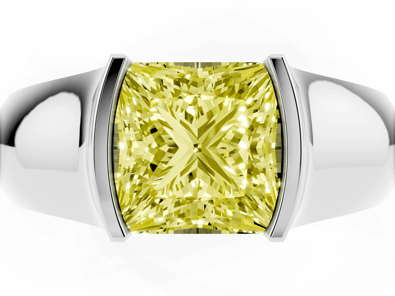 Fancy Yellow Princess Cut Solitaire Bezel Set Diamond Ring with Wide Band White gold