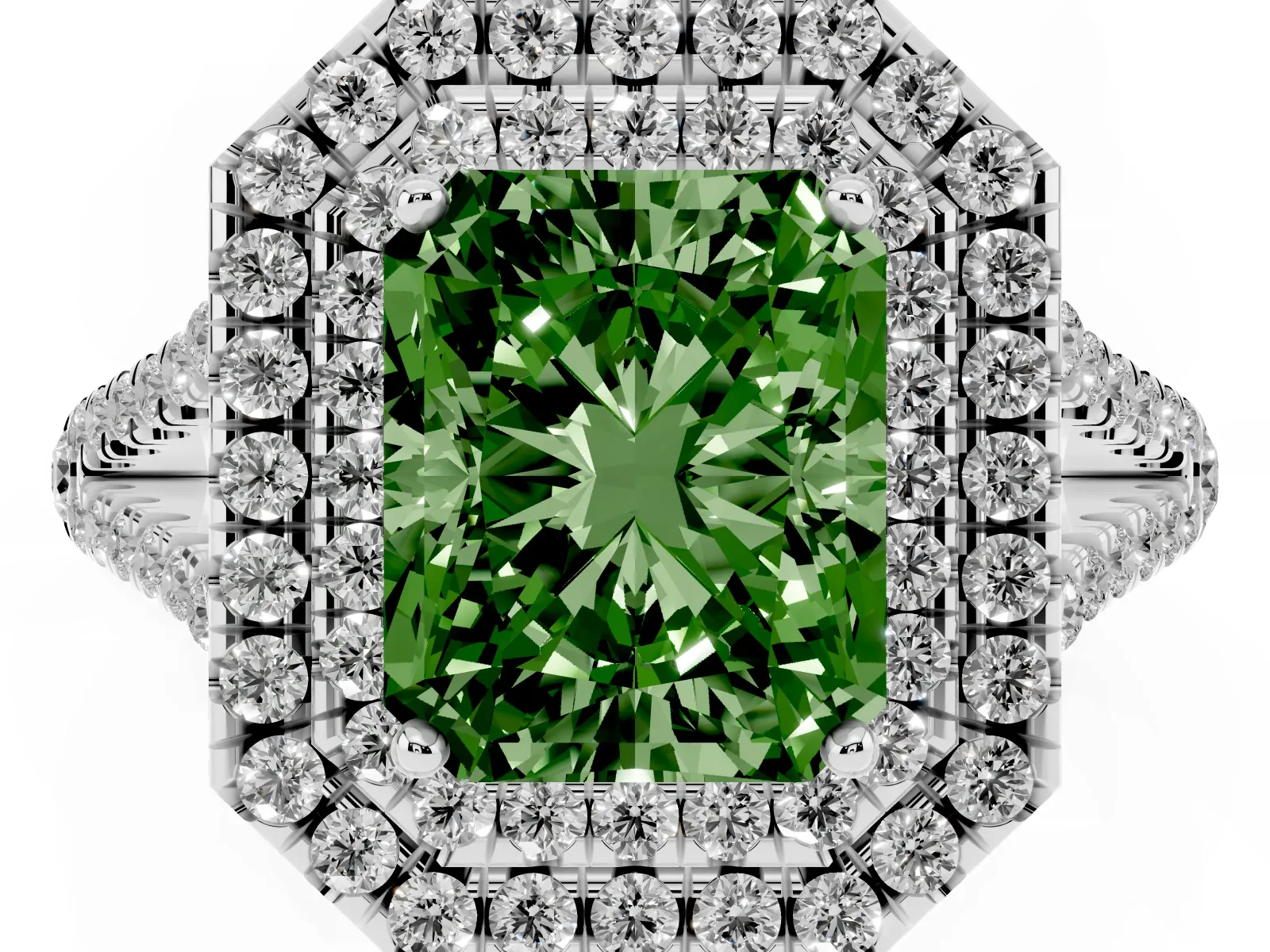 Fancy Green Radiant Cut Diamond Double Halo Ring with Pavé Band and Prong Setting Platinum