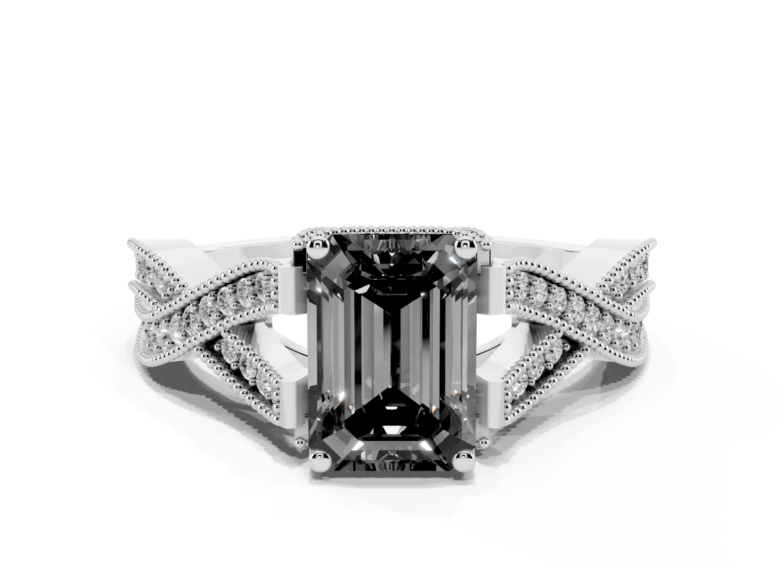 Fancy Black Emerald Cut Cut Diamond Twisted Band with Milgrain Pave Setting and Four-Prong Setting Platinum