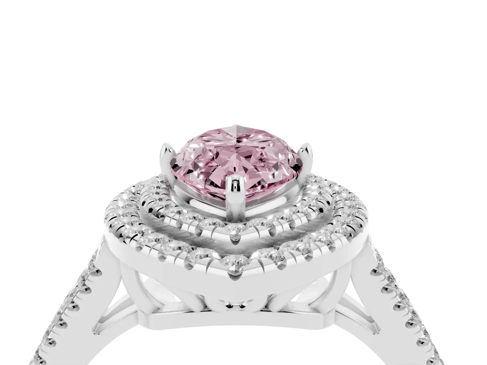 Fancy Pink Marquise Cut Diamond Double Halo Ring with Pavé Band and Prong Setting Platinum