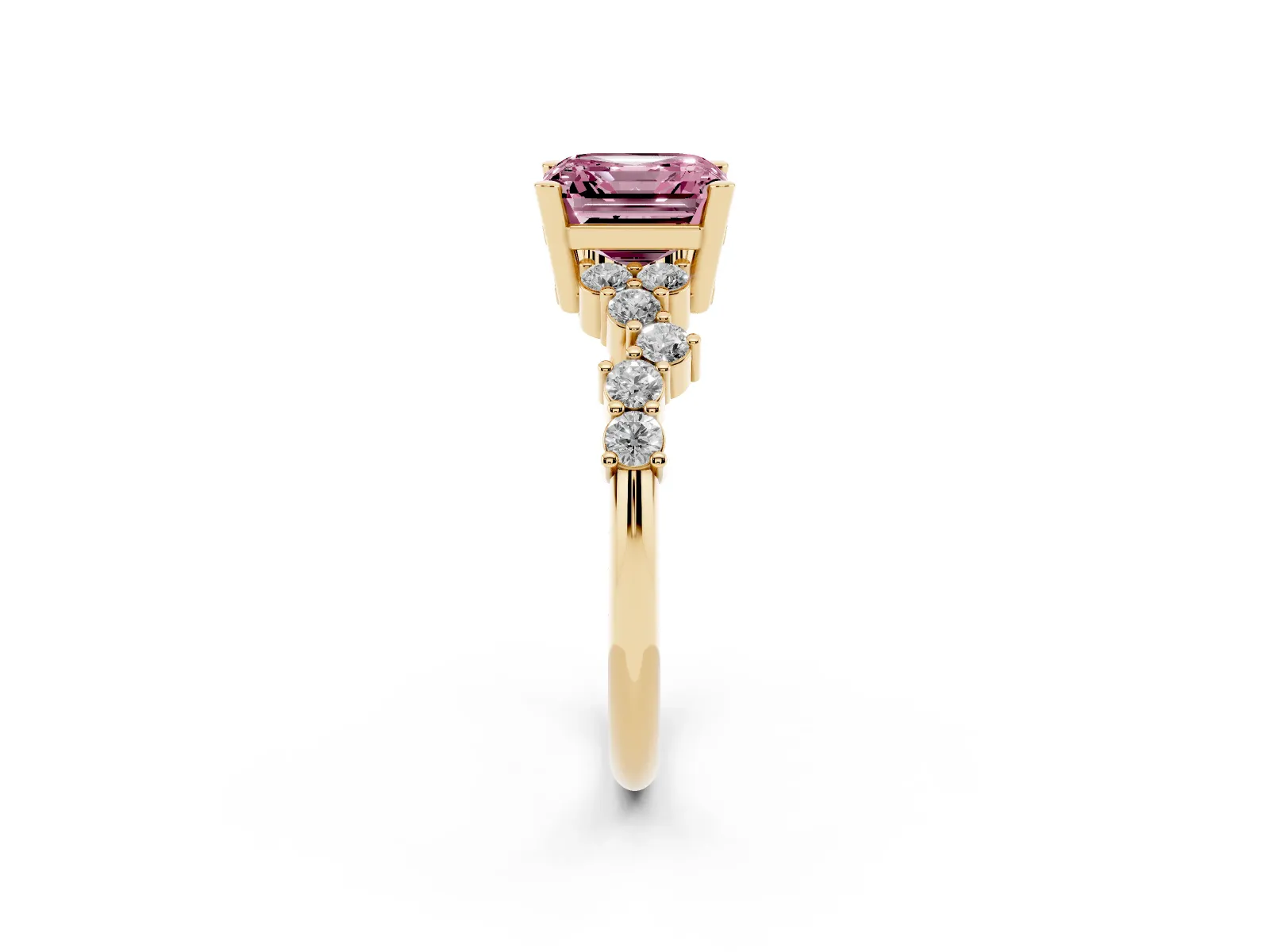 Fancy Pink Asscher Cut Diamond Scattered Round Accent Ring with Prong Setting Yellow gold