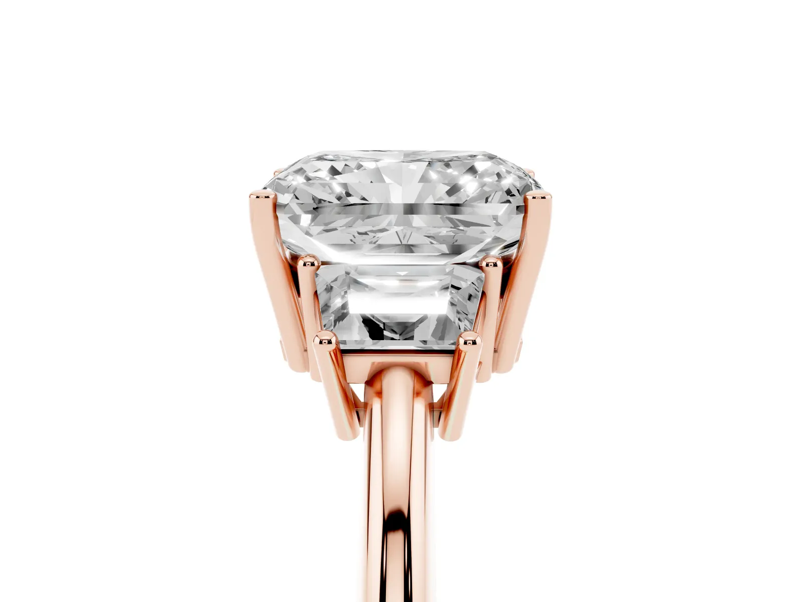 Radiant Cut Diamond Three-Stone Ring with Trapezoid Side Stones and Prong Setting Rose gold