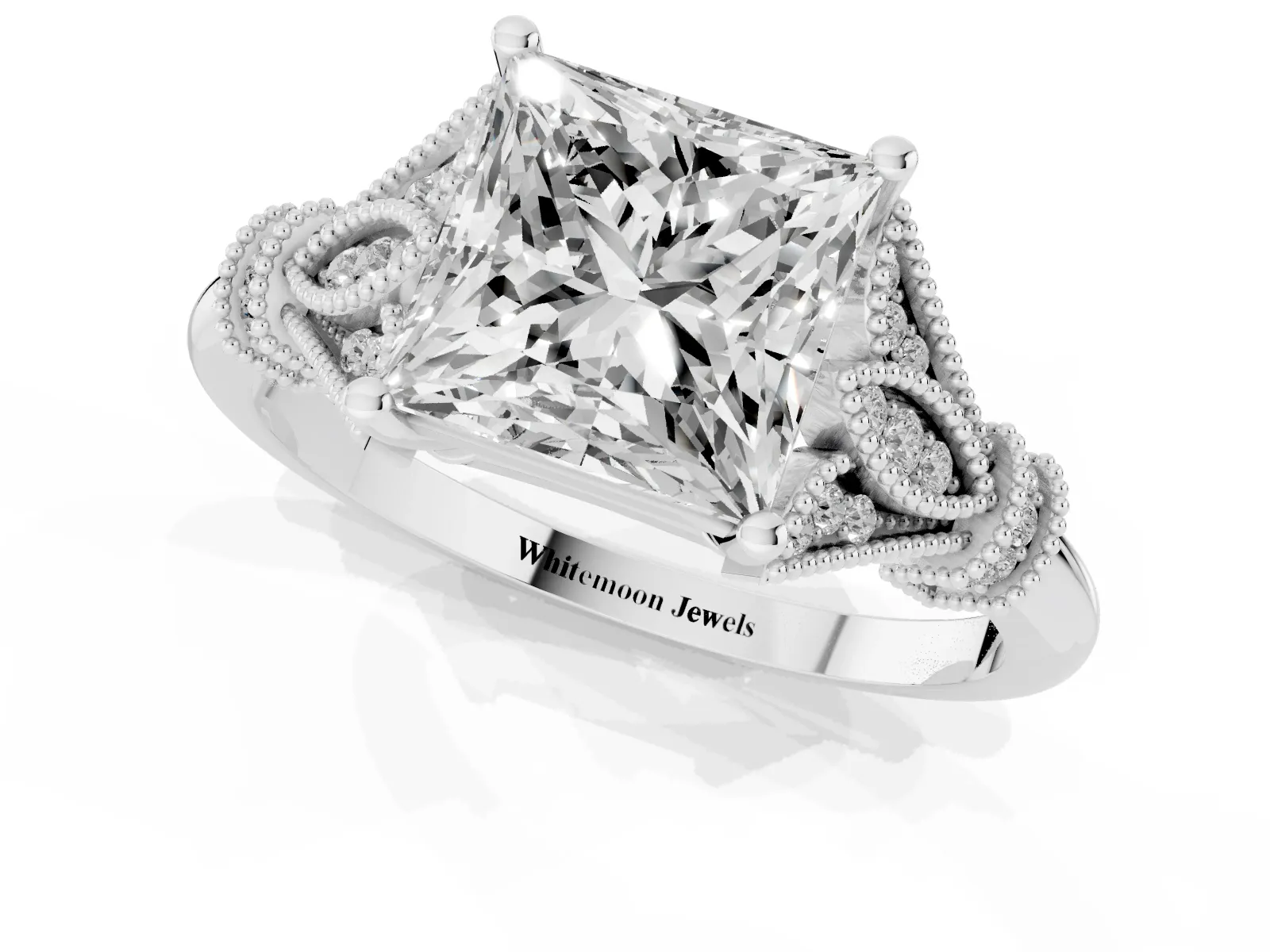 Princess Cut Diamond Solitaire Ring with Floral Filigree and Pave Accents Platinum