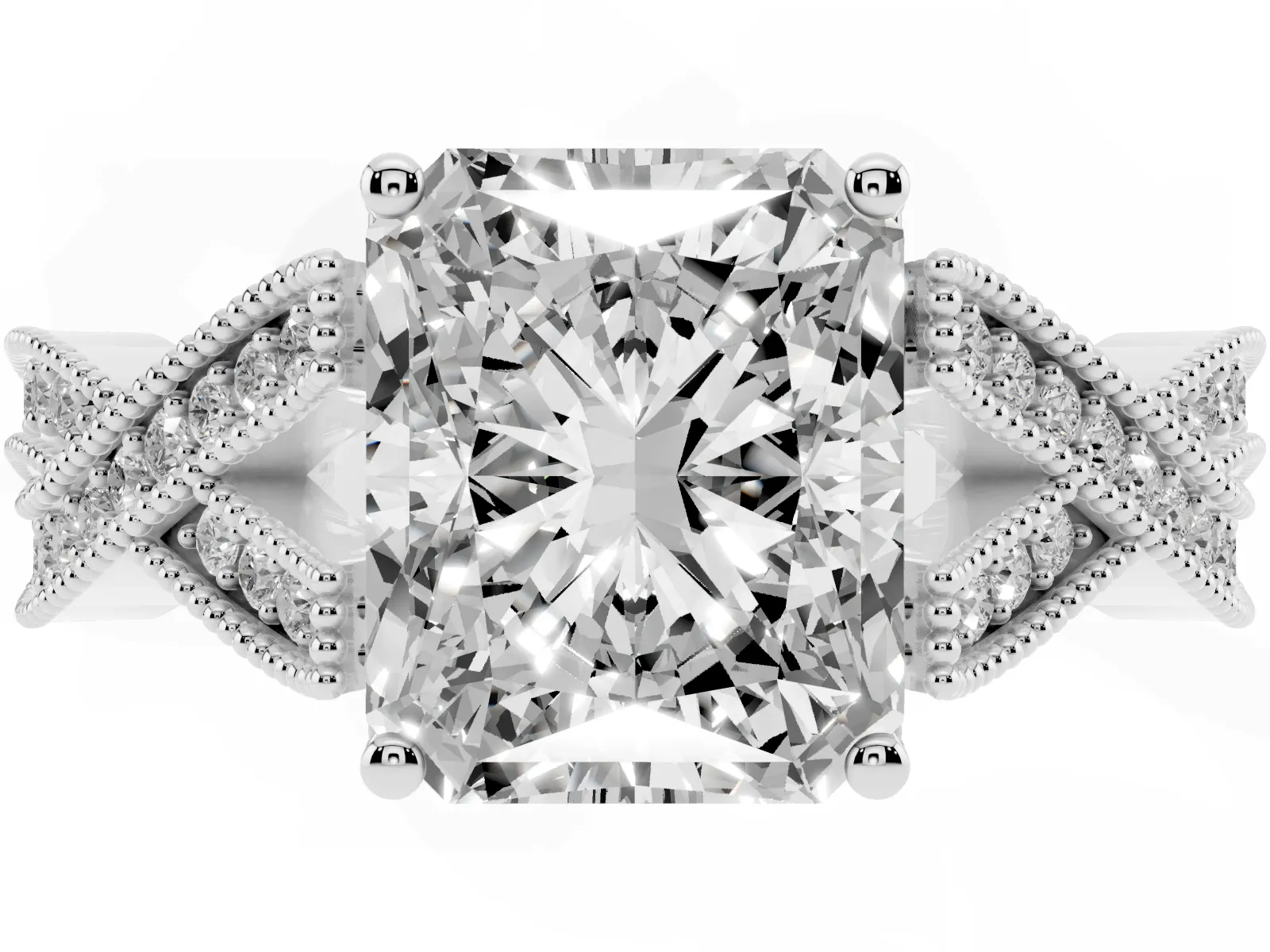 Radiant Cut Cut Diamond Twisted Band with Milgrain Pave Setting and Four-Prong Setting Platinum