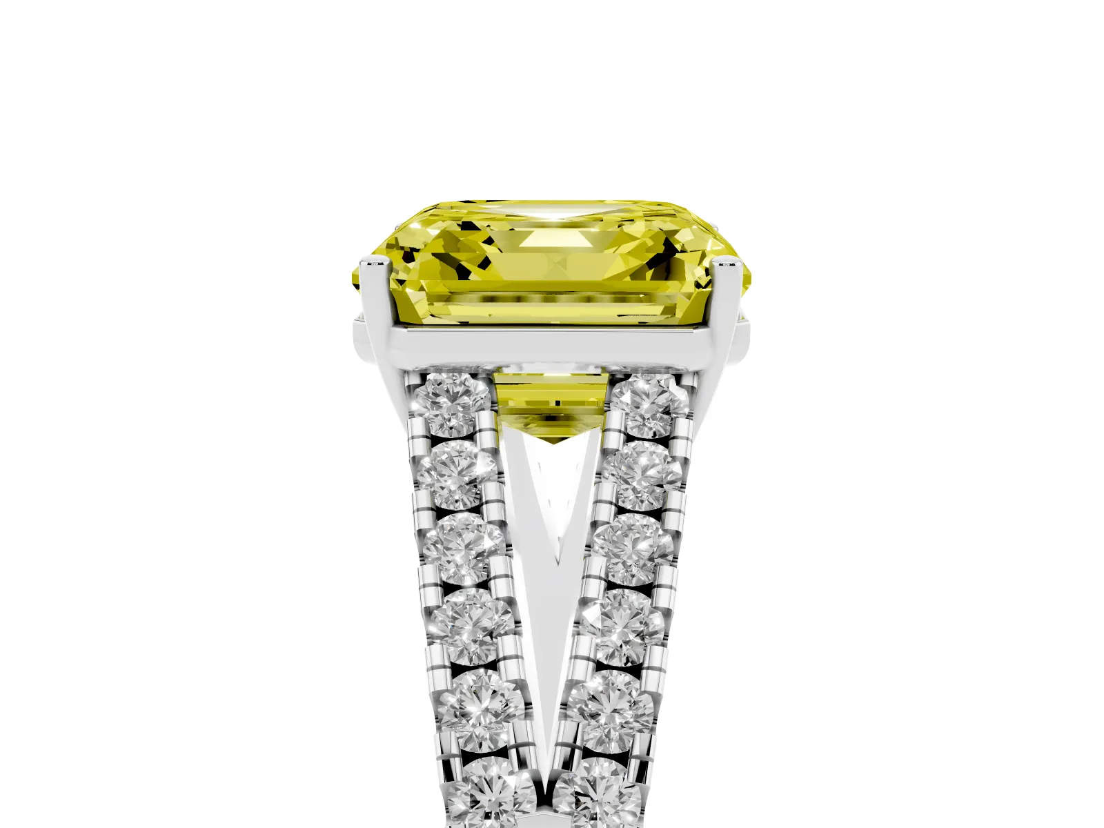 Fancy Yellow Asscher Cut Diamond Split Shank Engagement Ring with Round Pavé and Prong Setting White gold