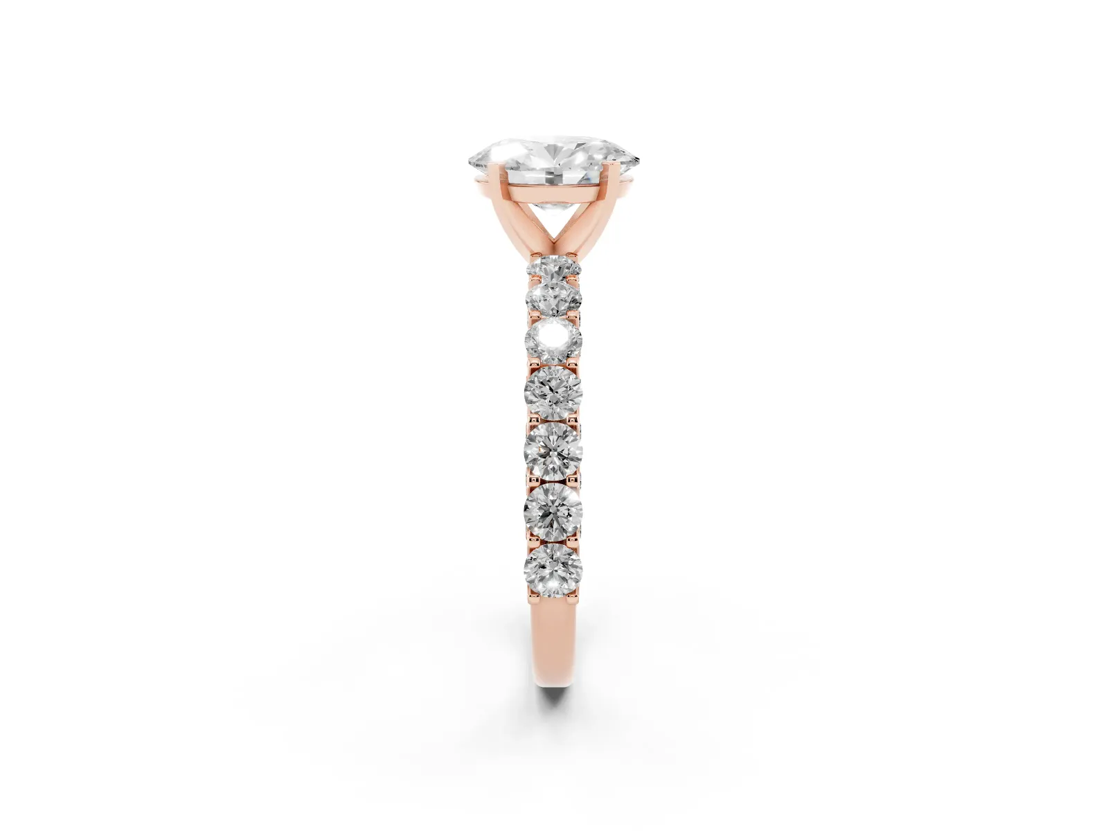 Oval Cut Diamond Solitaire Ring with Shared Prong Pavé Band and Four-Prong Setting Rose gold