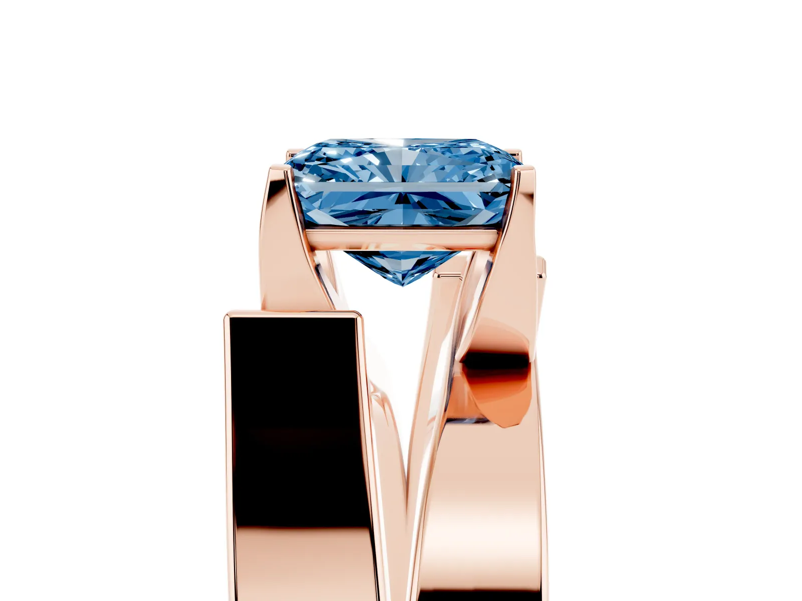 Fancy Blue Modern Tension Set Radiant Cut Diamond Solitaire Wide Band Ring Rose gold