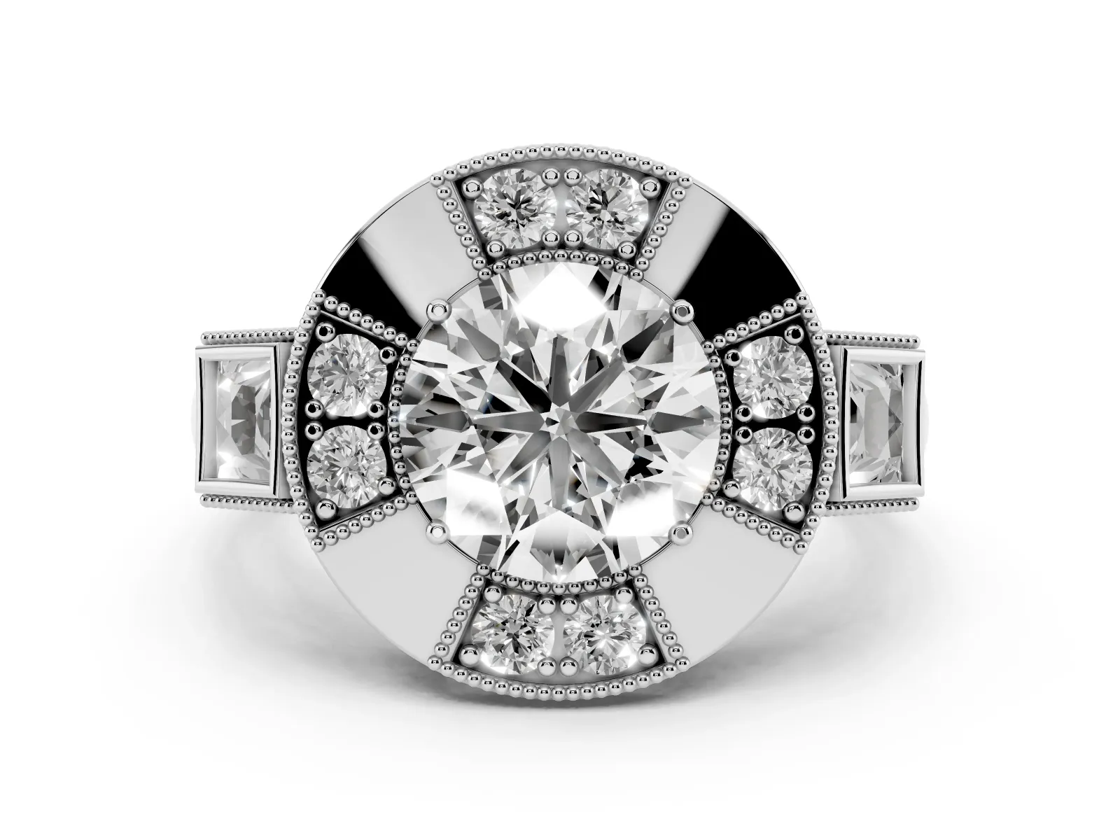 Milgrain Round Cut Diamond Halo Split Shank Ring Platinum