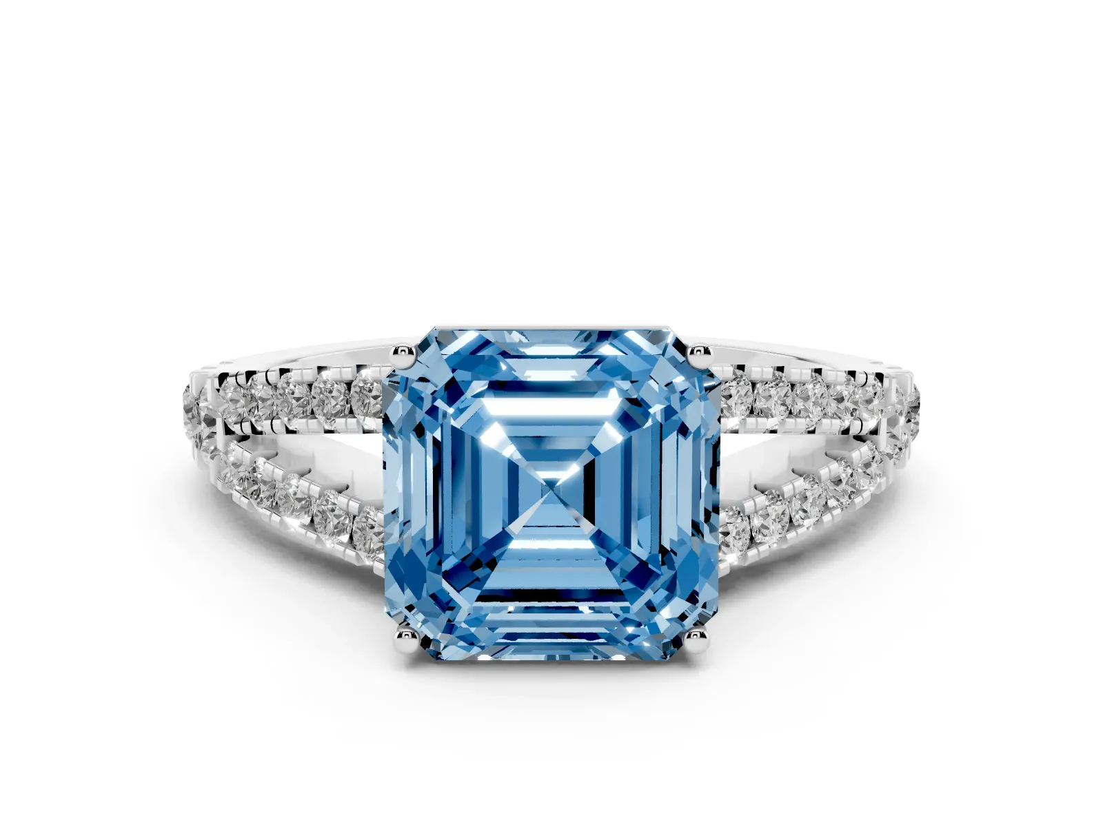 Fancy Blue Asscher Cut Diamond Split Shank Engagement Ring with Round Pavé and Prong Setting White gold