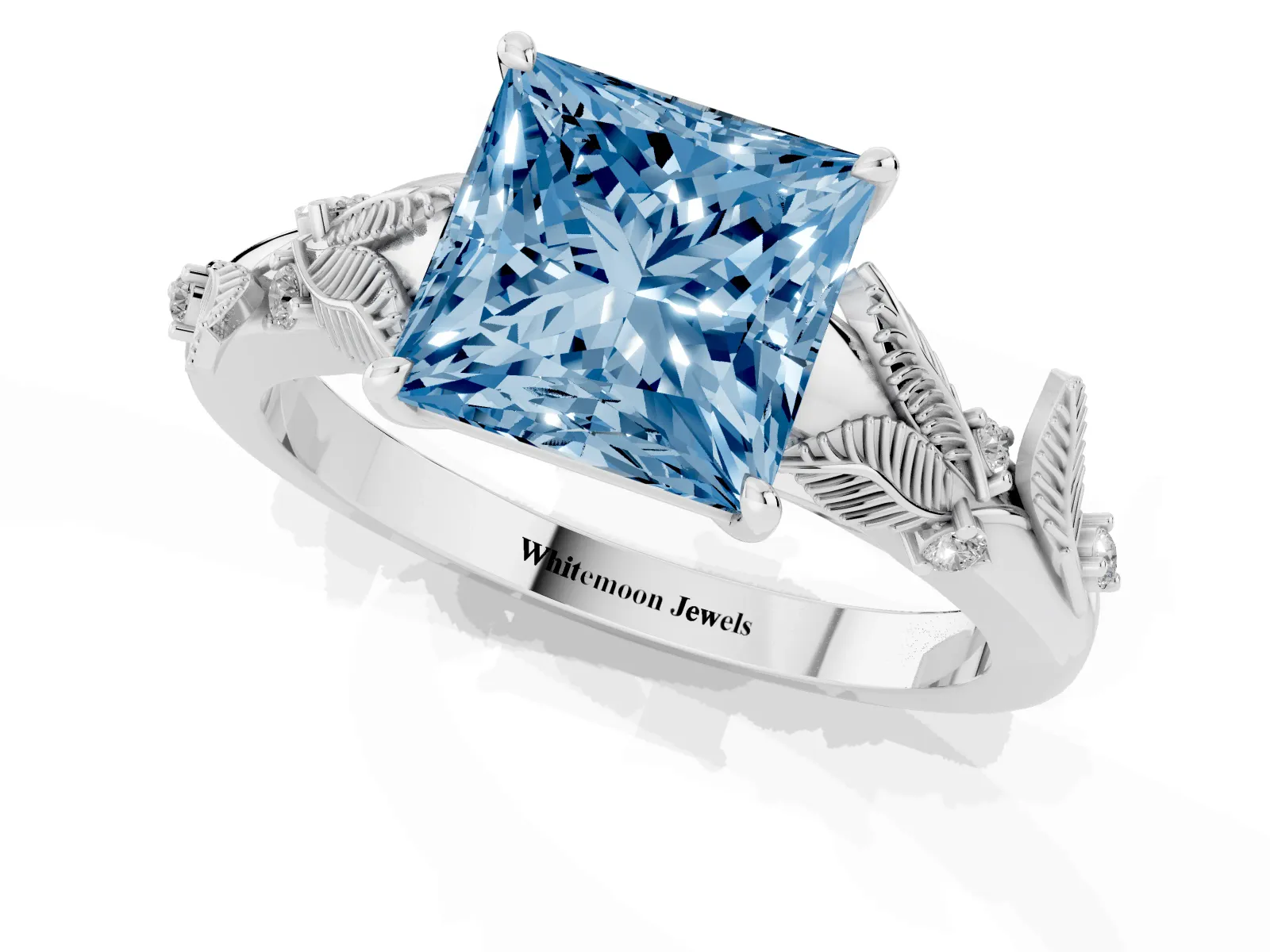 Fancy Blue Princess Cut Diamond Solitaire Ring with Leaf Motif Band and Four-Prong Setting Platinum