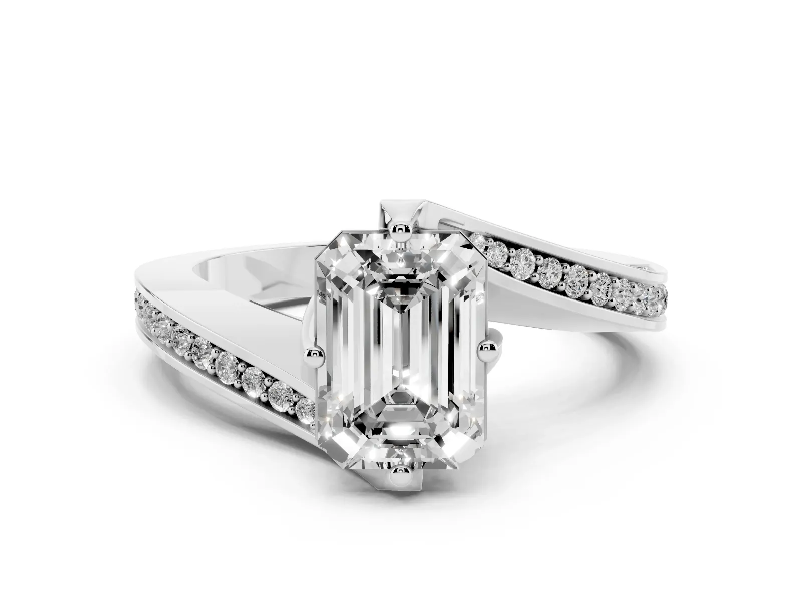 Emerald Cut Solitaire Diamond Twist Band with Pavé Setting and Four-Prong Setting Platinum