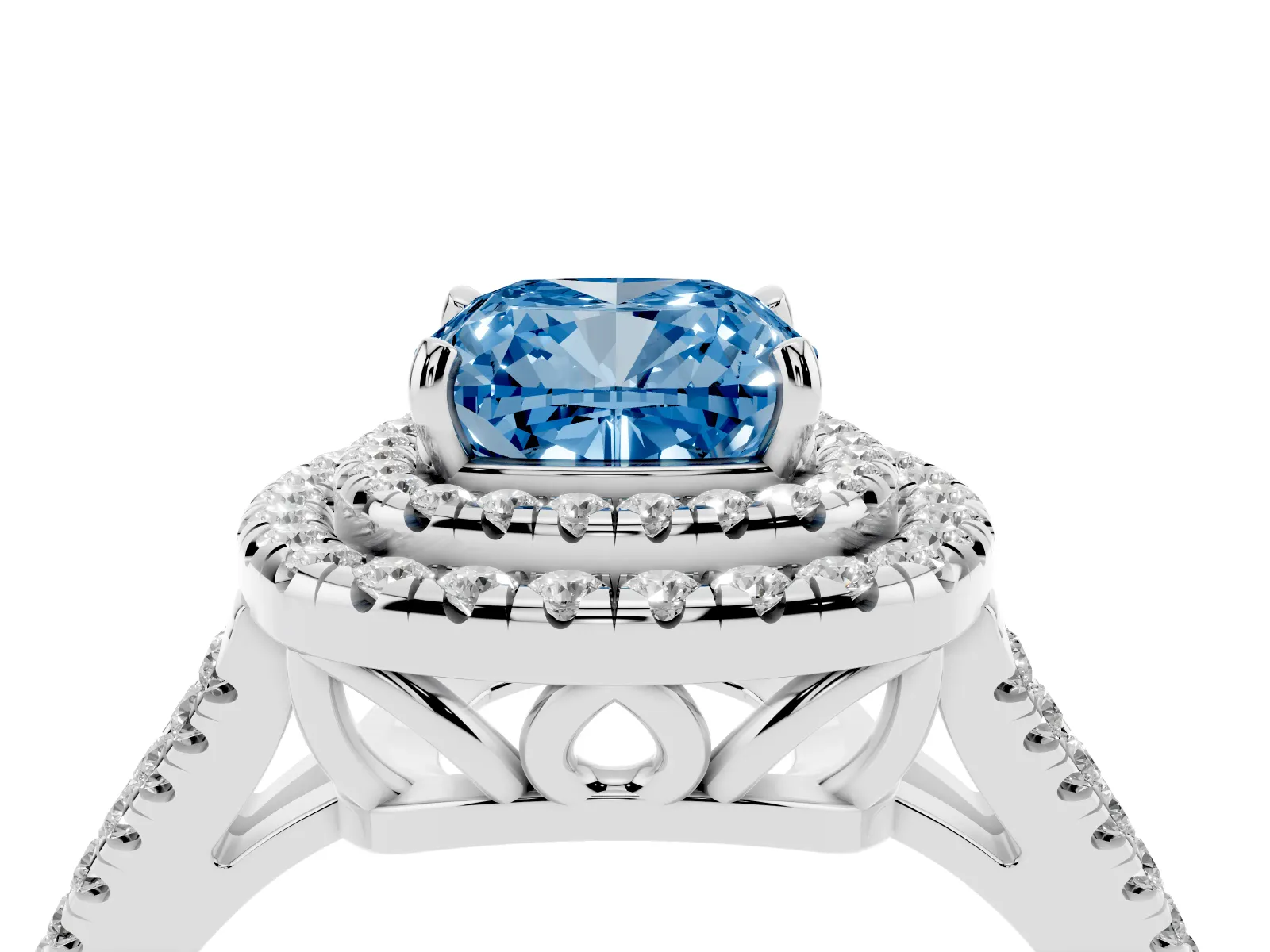 Fancy Blue Cushion Cut Diamond Double Halo Ring with Pavé Band and Prong Setting Platinum