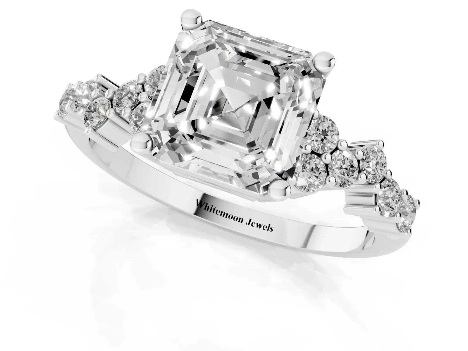 Asscher Cut Diamond Scattered Round Accent Ring with Prong Setting Silver