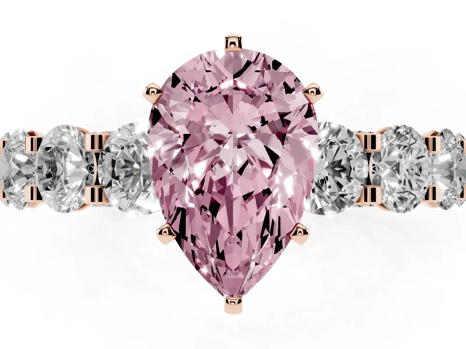 Fancy Pink Pear Cut Diamond Side Stone Engagement Ring with Four-Prong Setting Rose gold