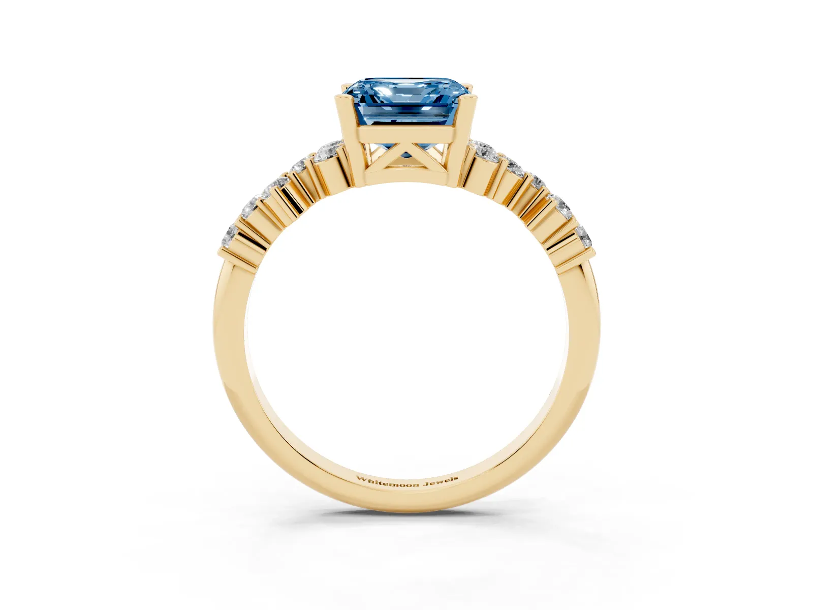 Fancy Blue Asscher Cut Diamond Scattered Round Accent Ring with Prong Setting Yellow gold