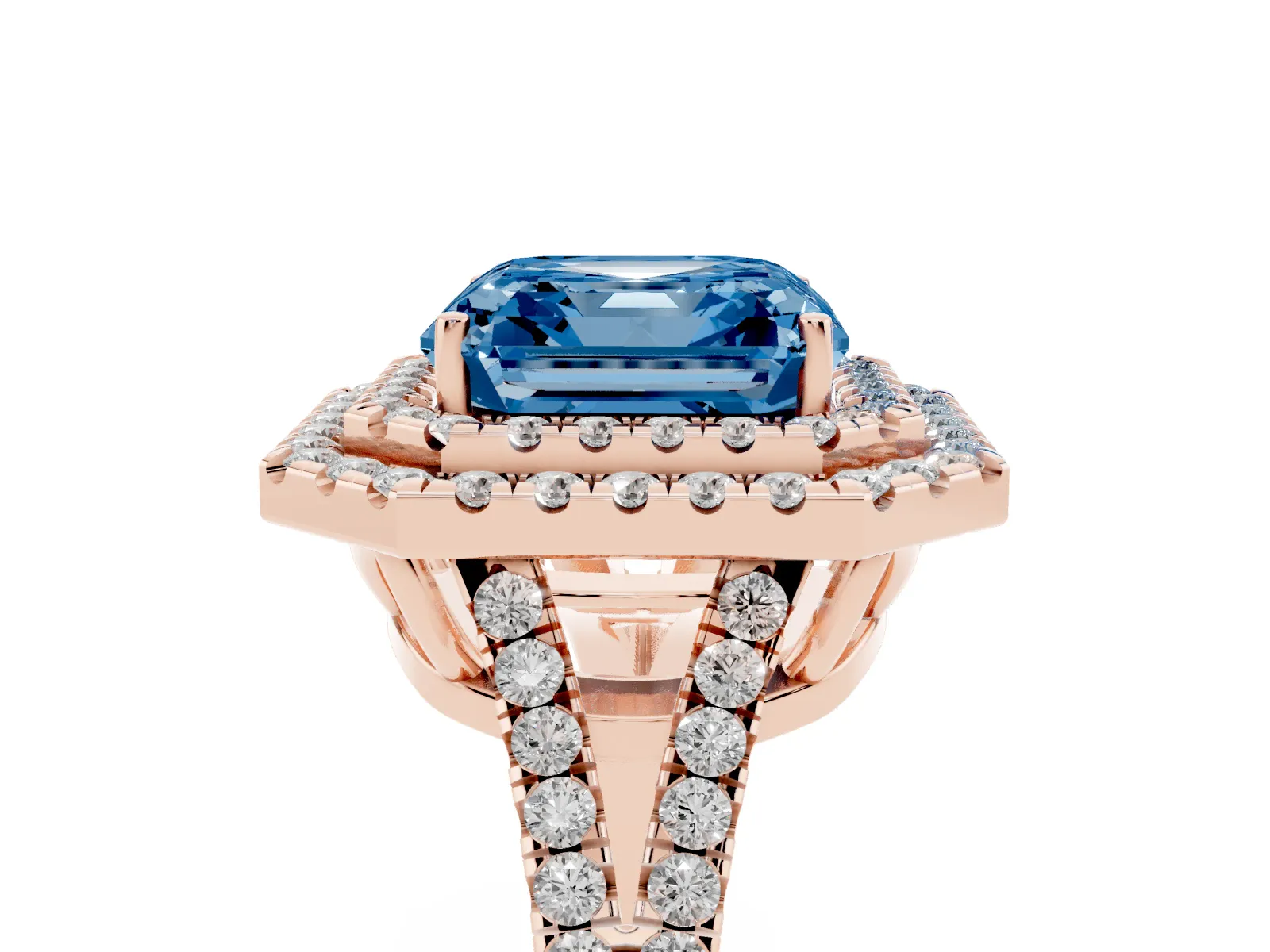 Fancy Blue Asscher Cut Diamond Double Halo Ring with Pavé Band and Prong Setting Rose gold