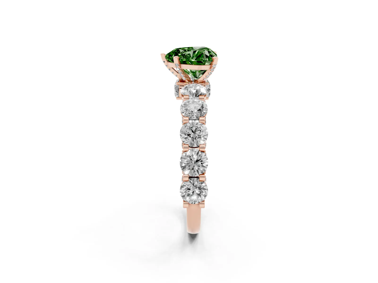 Fancy Green Heart Cut Diamond Side Stone Engagement Ring with Four-Prong Setting Rose gold