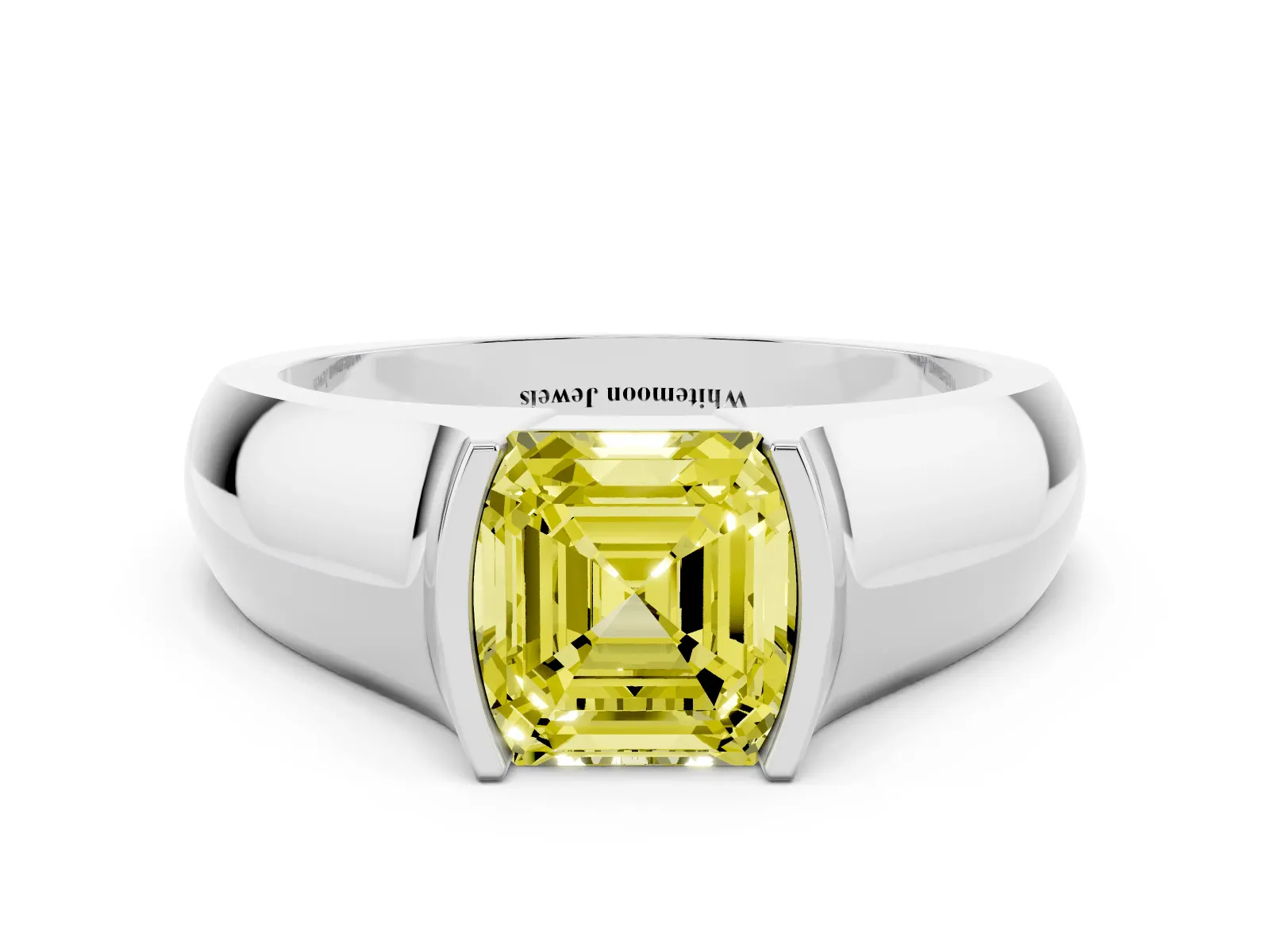 Fancy Yellow Asscher Cut Solitaire Bezel Set Diamond Ring with Wide Band Platinum