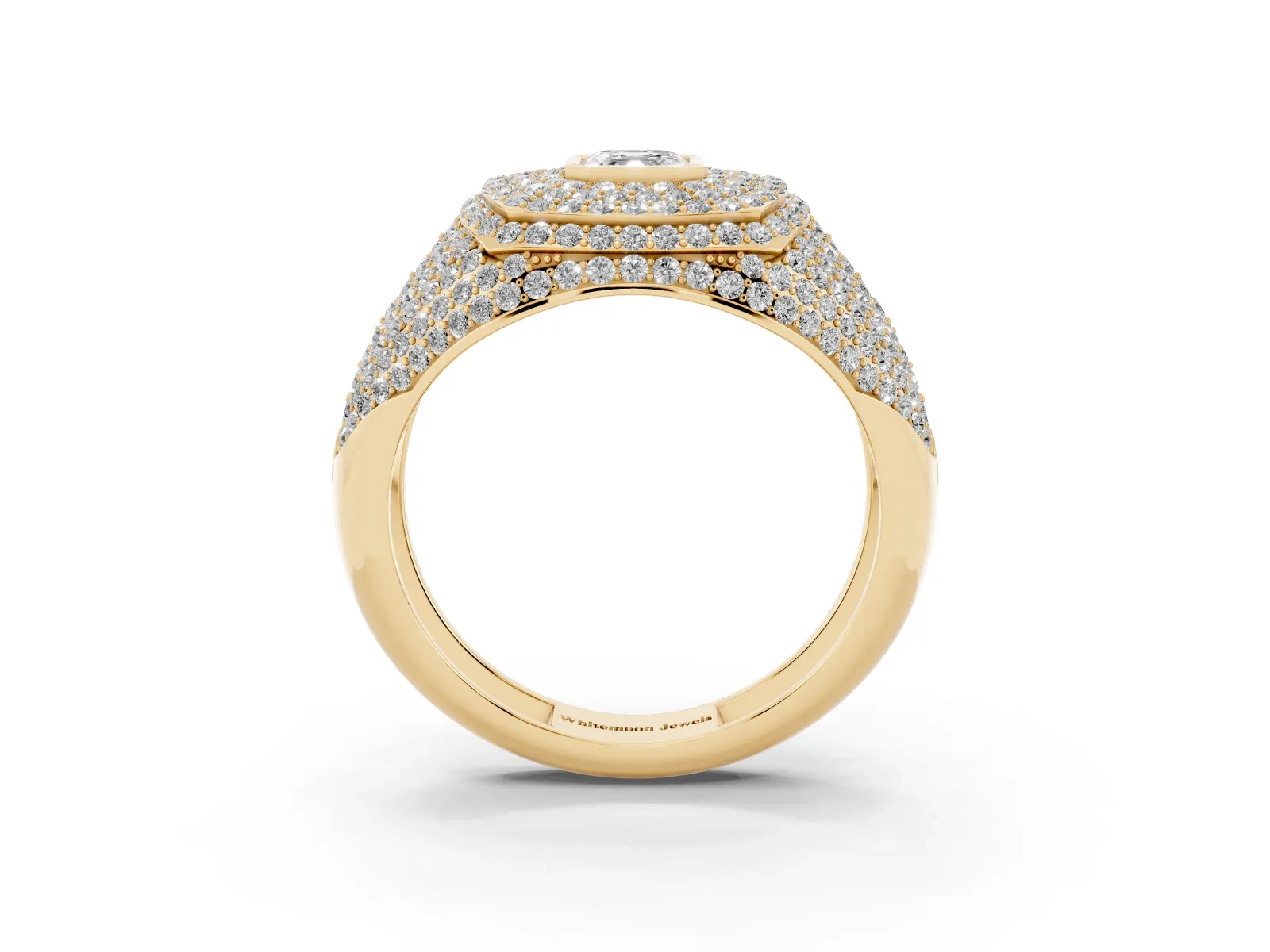 Asscher Cut Diamond Bezel Set Pavé Dome Mens Ring Yellow gold