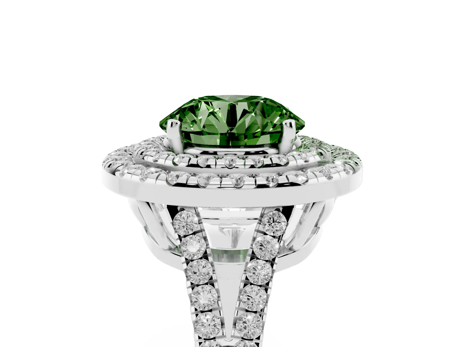 Fancy Green Round Cut Diamond Double Halo Ring with Pavé Band and Prong Setting Platinum