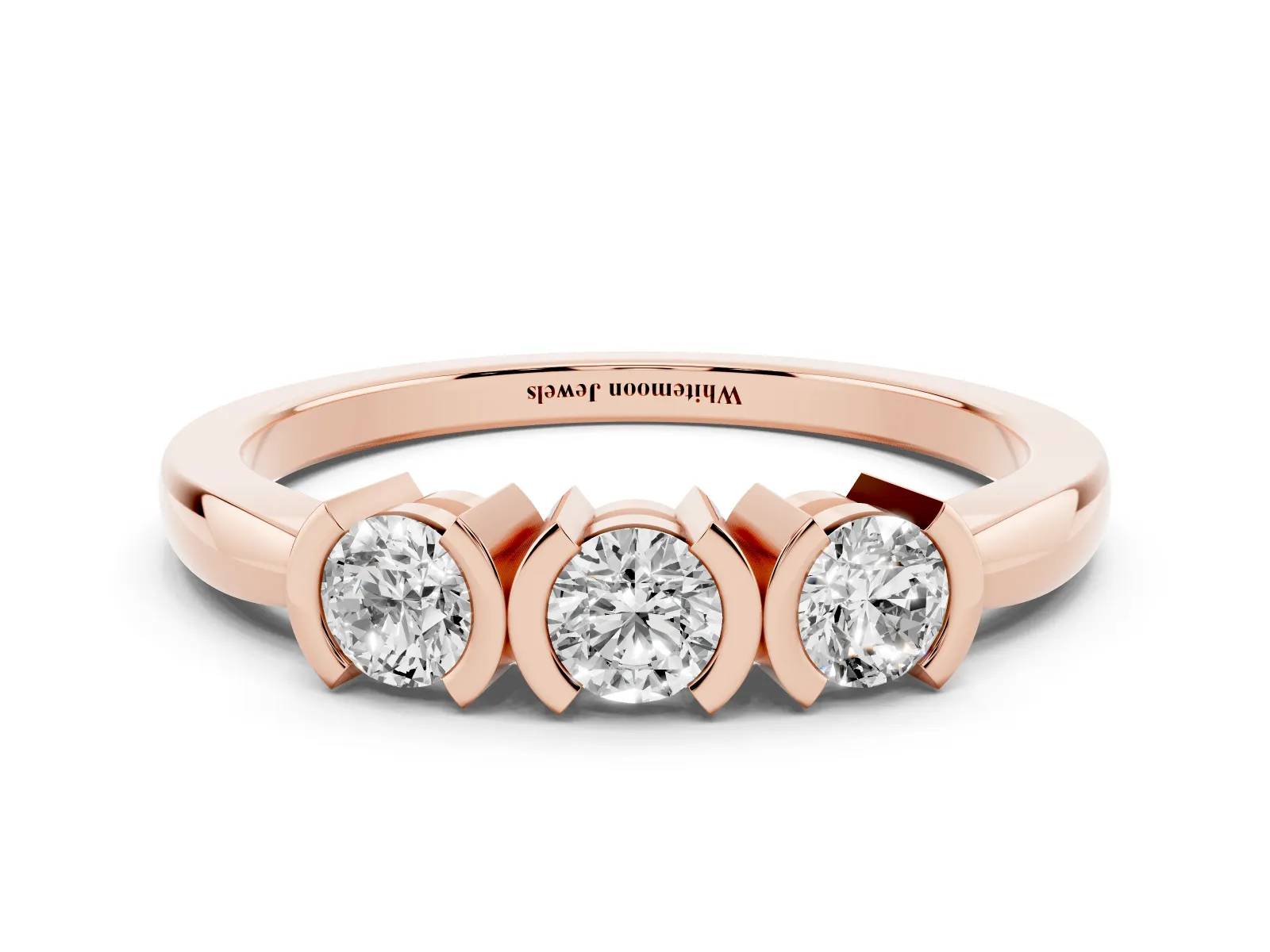 Three-Stone Round Diamond Half Bezel Prong Band Rose gold