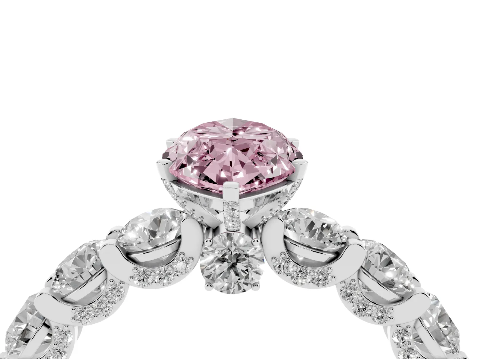 Fancy Pink Marquise Cut Diamond Side Stone Engagement Ring with Four-Prong Setting Platinum