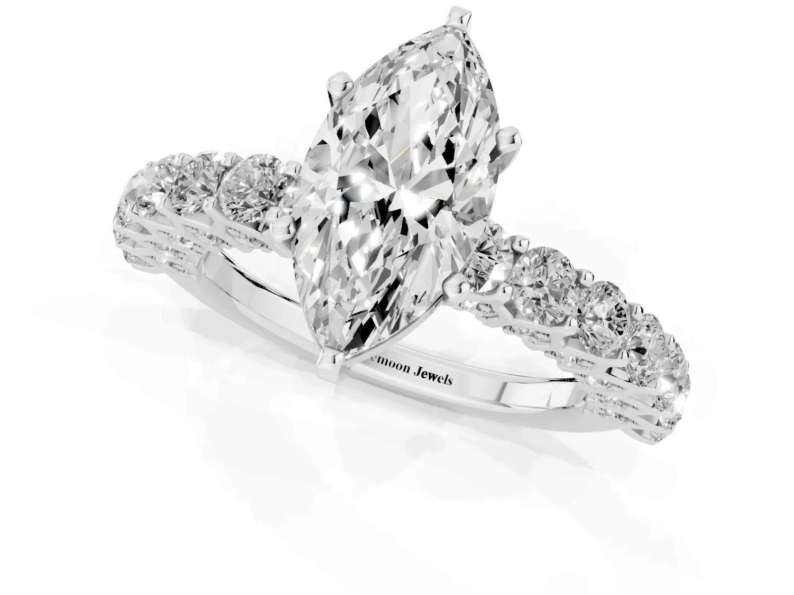Marquise Cut Diamond Solitaire Ring with Shared Prong Pavé Band and Four-Prong Setting White gold