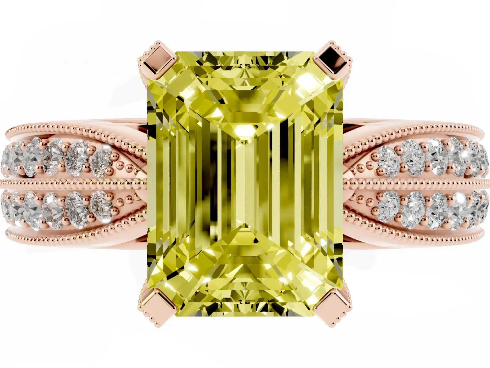 Fancy Yellow Emerald Cut Diamond Solitaire Ring with Milgrain Round Pavé Band and Prong Setting Rose gold