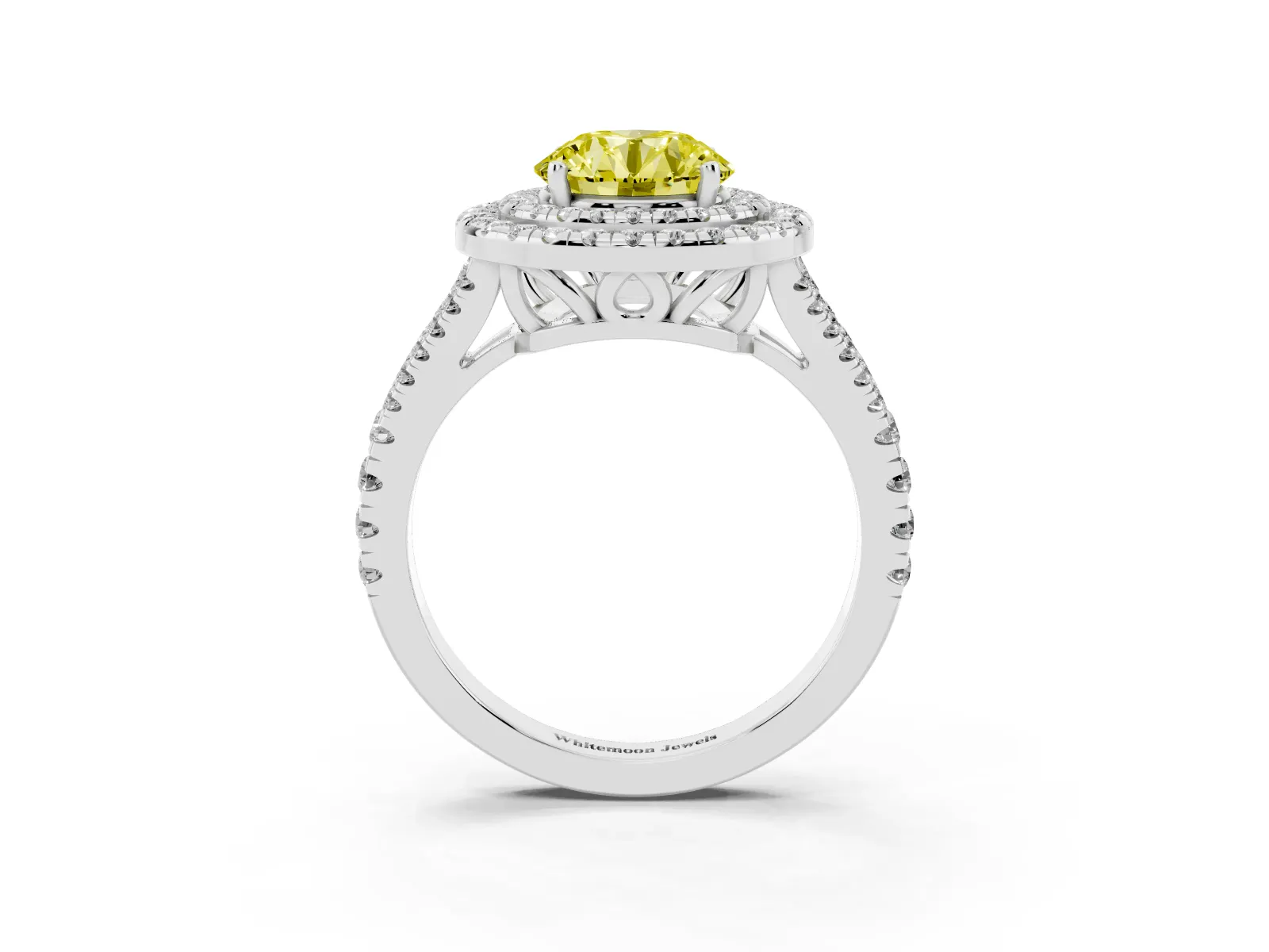Fancy Yellow Round Cut Diamond Double Halo Ring with Pavé Band and Prong Setting Platinum