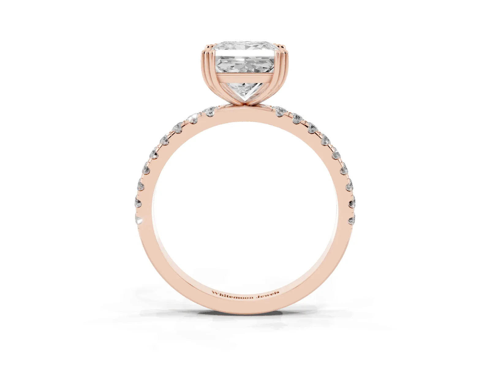 Princess Cut Brilliant Solitaire with Pavé Band and Claw Prong Setting Rose gold