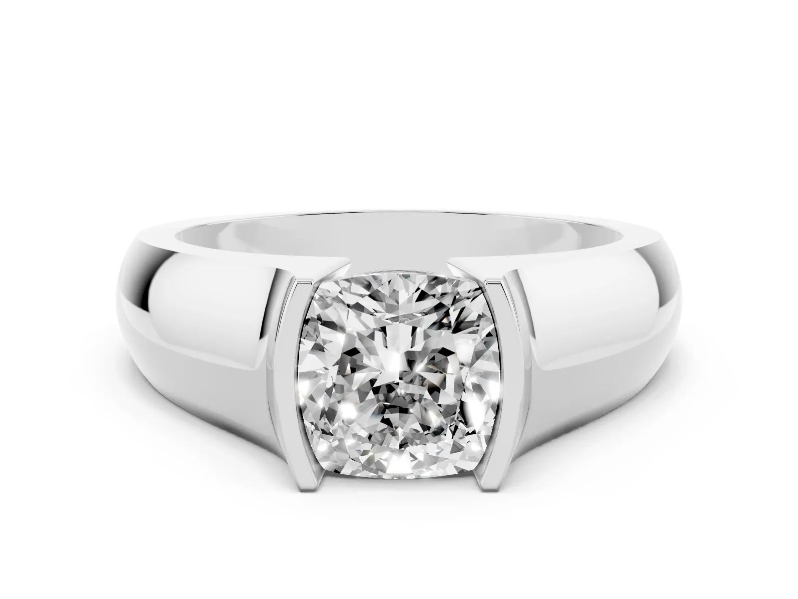 Cushion Cut Solitaire Bezel Set Diamond Ring with Wide Band Silver