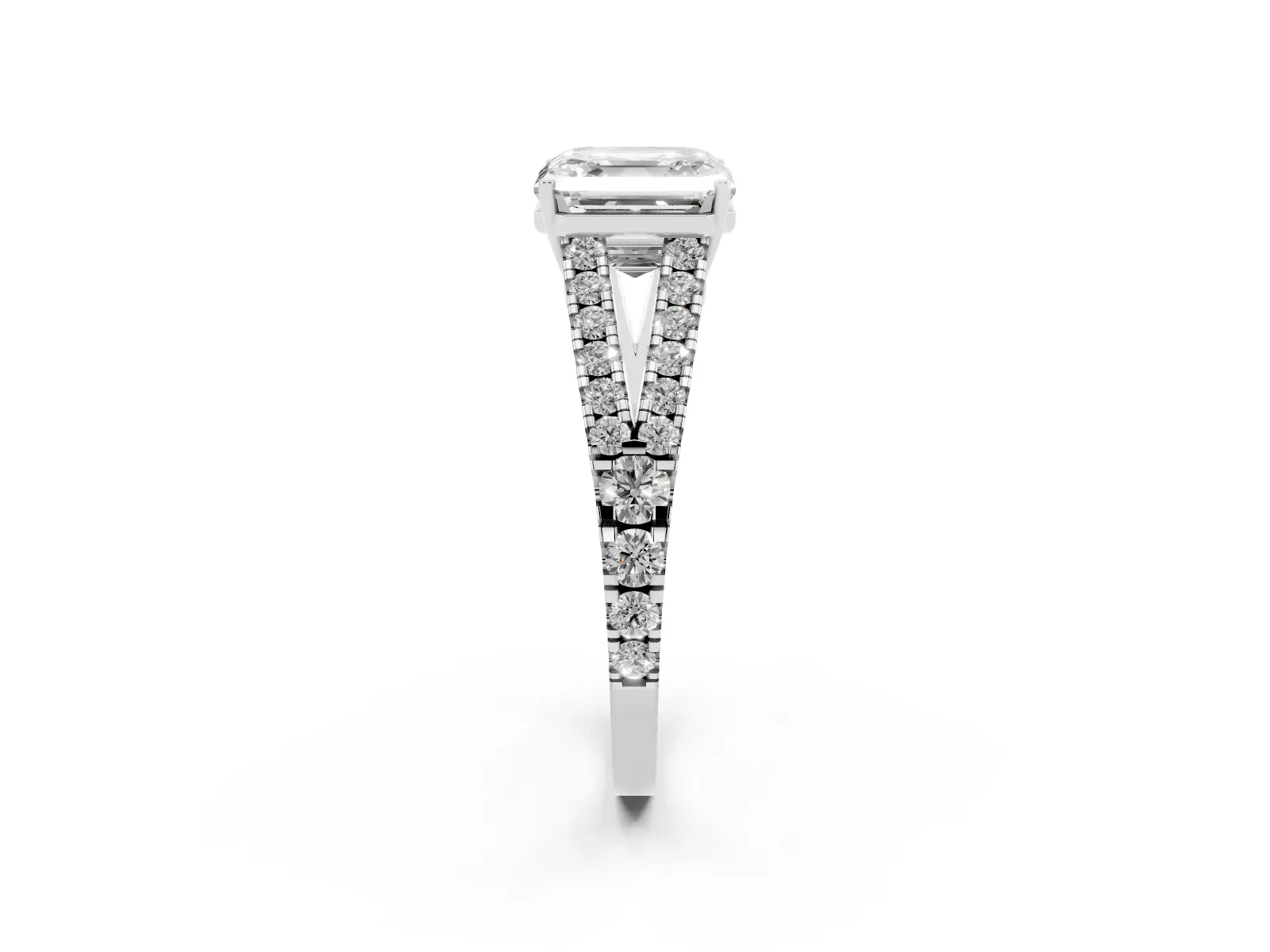Asscher Cut Diamond Split Shank Engagement Ring with Round Pavé and Prong Setting White gold