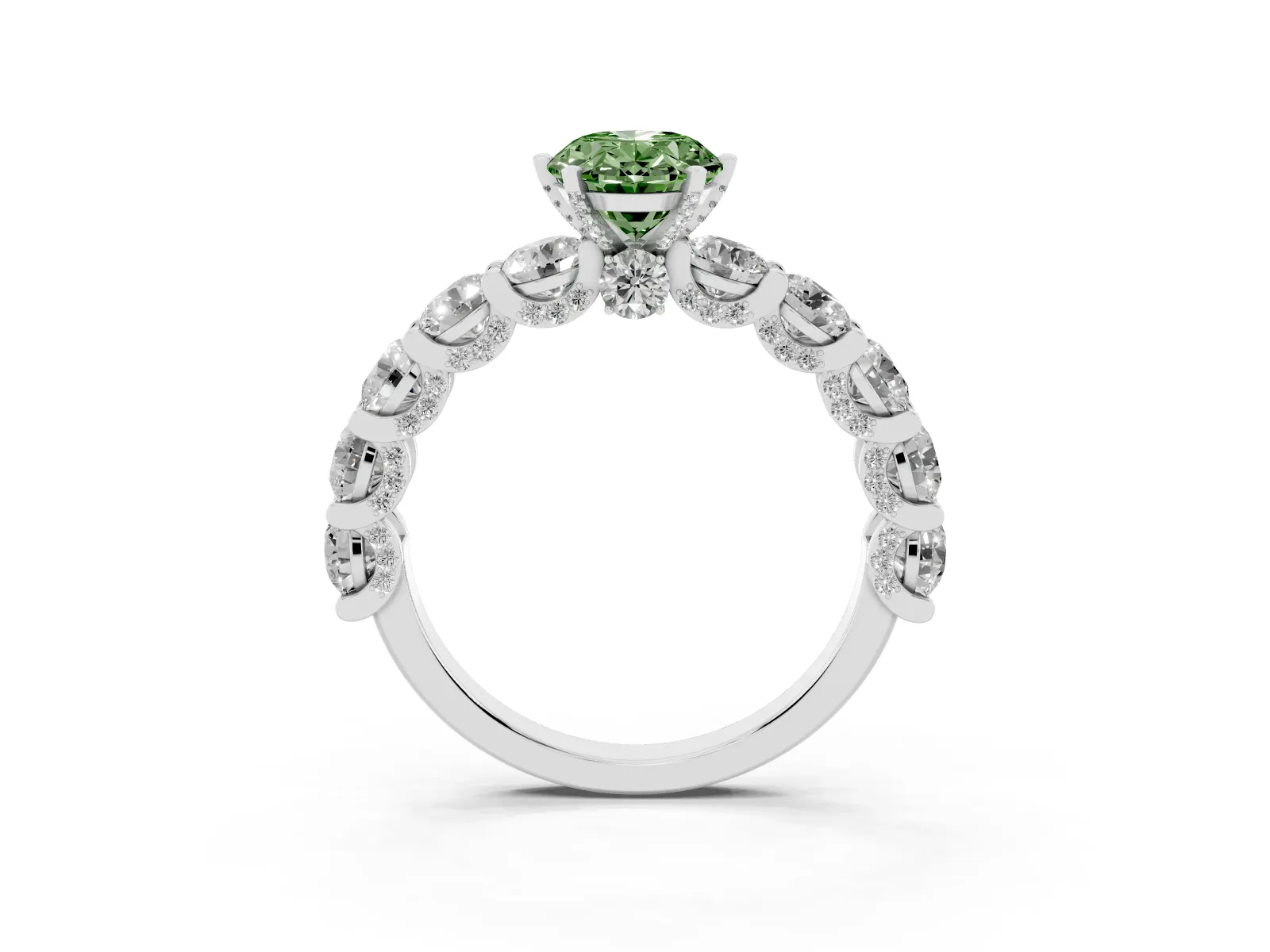 Fancy Green Oval Cut Diamond Side Stone Engagement Ring with Four-Prong Setting Platinum