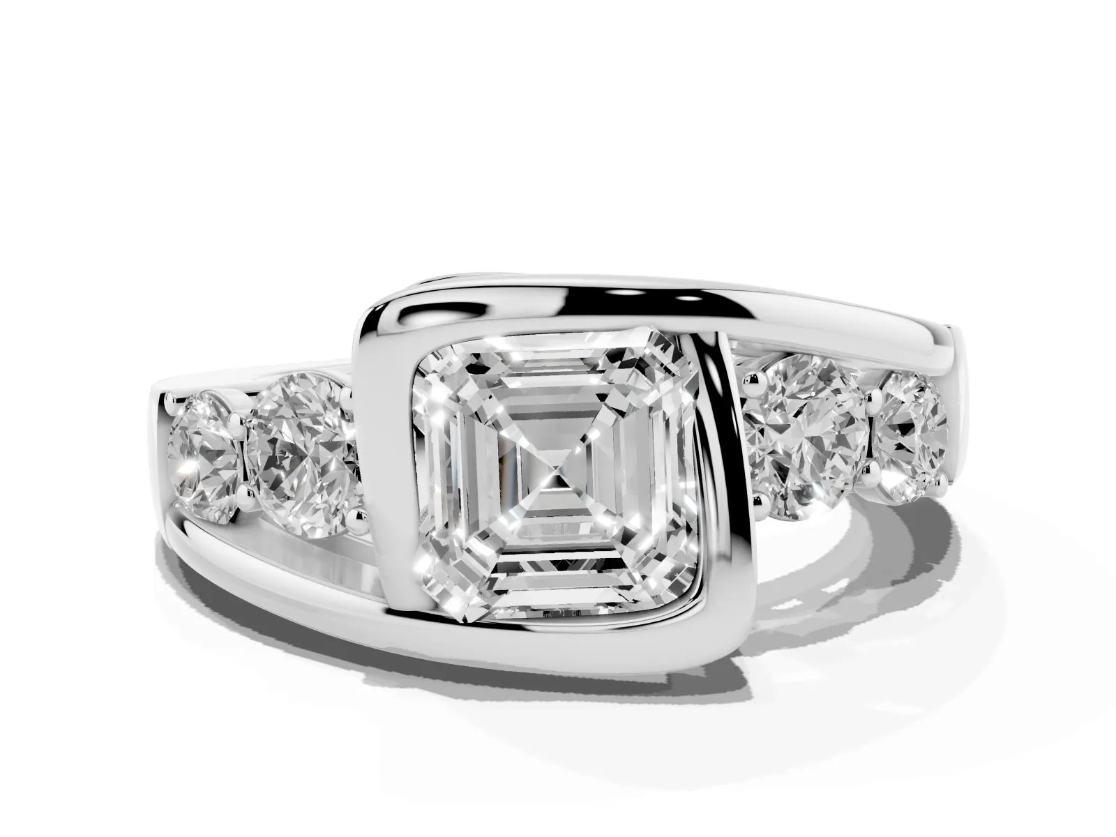 Bezel Set Asscher Cut Diamond Bypass Ring with Round Accents Platinum