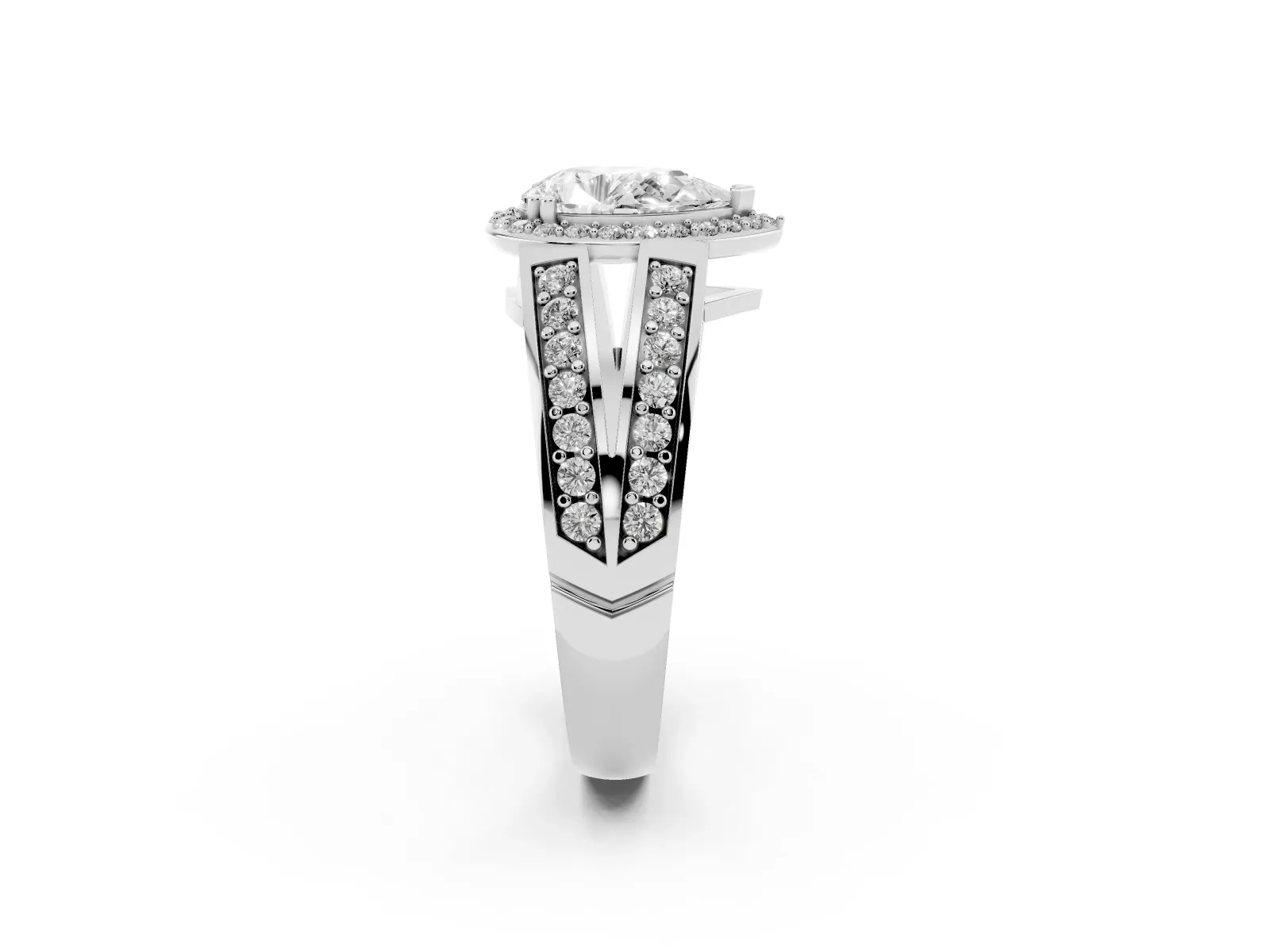 Pear Cut Diamond Halo Ring with Split Shank Pavé Band and Four-Prong Setting Platinum