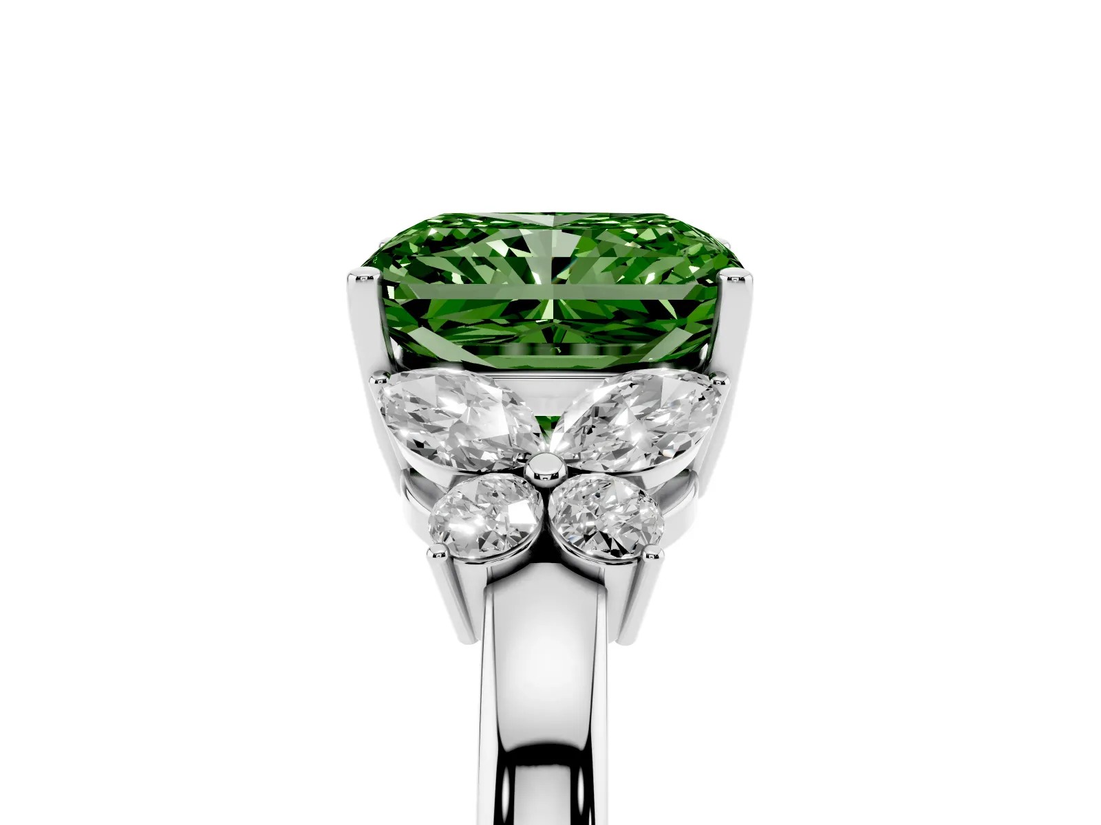 Fancy Green Radiant Cut Cut Solitaire Floral Diamond Ring with Four-Prong Setting Platinum