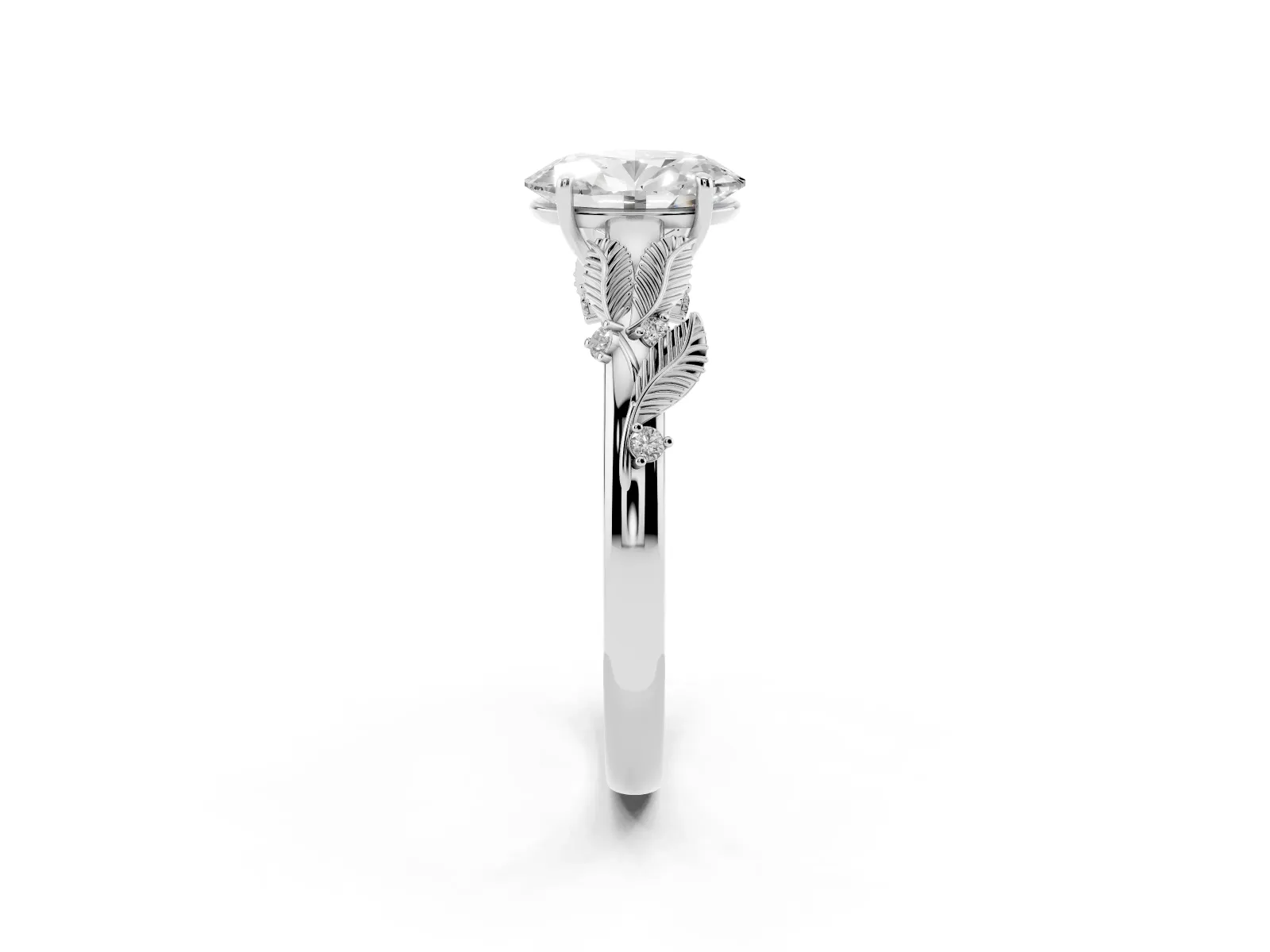 Oval Cut Diamond Solitaire Ring with Leaf Motif Band and Four-Prong Setting Platinum